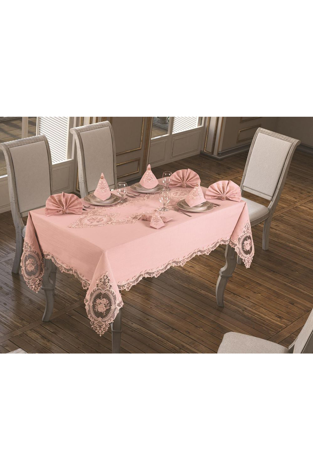 Picture of Fransız Güpürlü Elit Masa Örtüsü Takımı 18 Parça Pudra