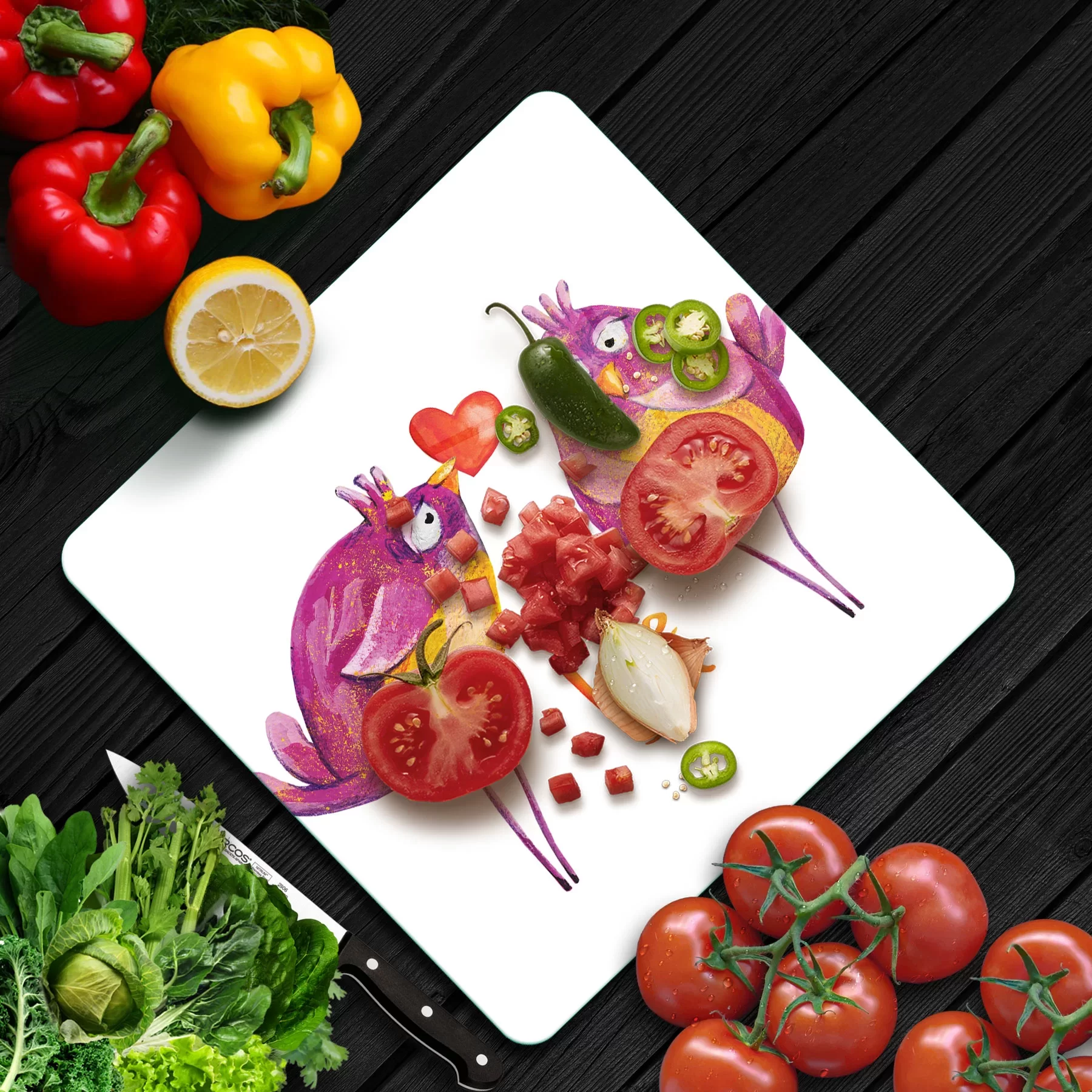 Picture of Decovetro Cam Kesme Tahtası ve Sunumluk Kare Love You Bird Desenli 30x30 Cm