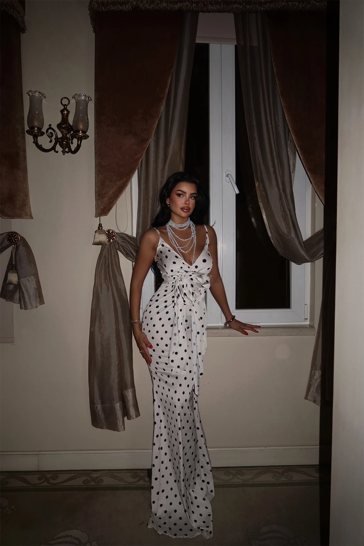 Picture of White Blair Polka Dot Rose Detailed Long Dress