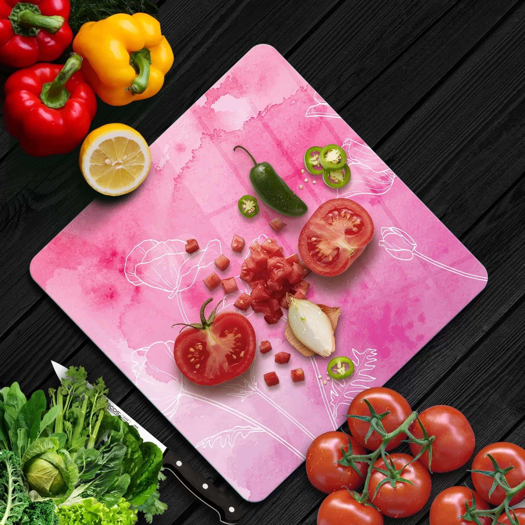 Picture of Decovetro Cam Kesme Tahtası ve Sunumluk Kare Pembe Çiçek Desenli 30x30 Cm