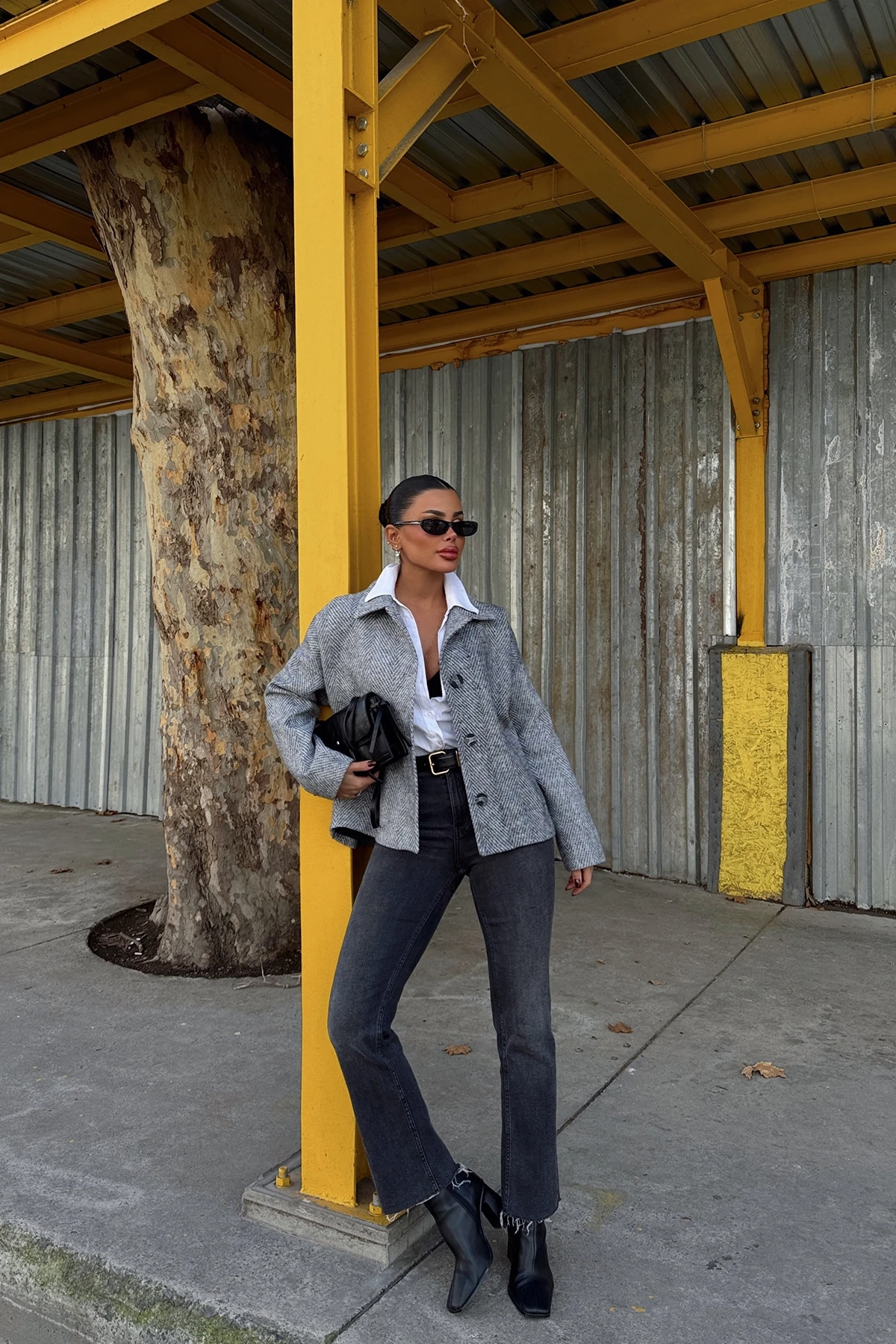 Picture of Gray Pocket Detail Double Breasted Collar Jacket