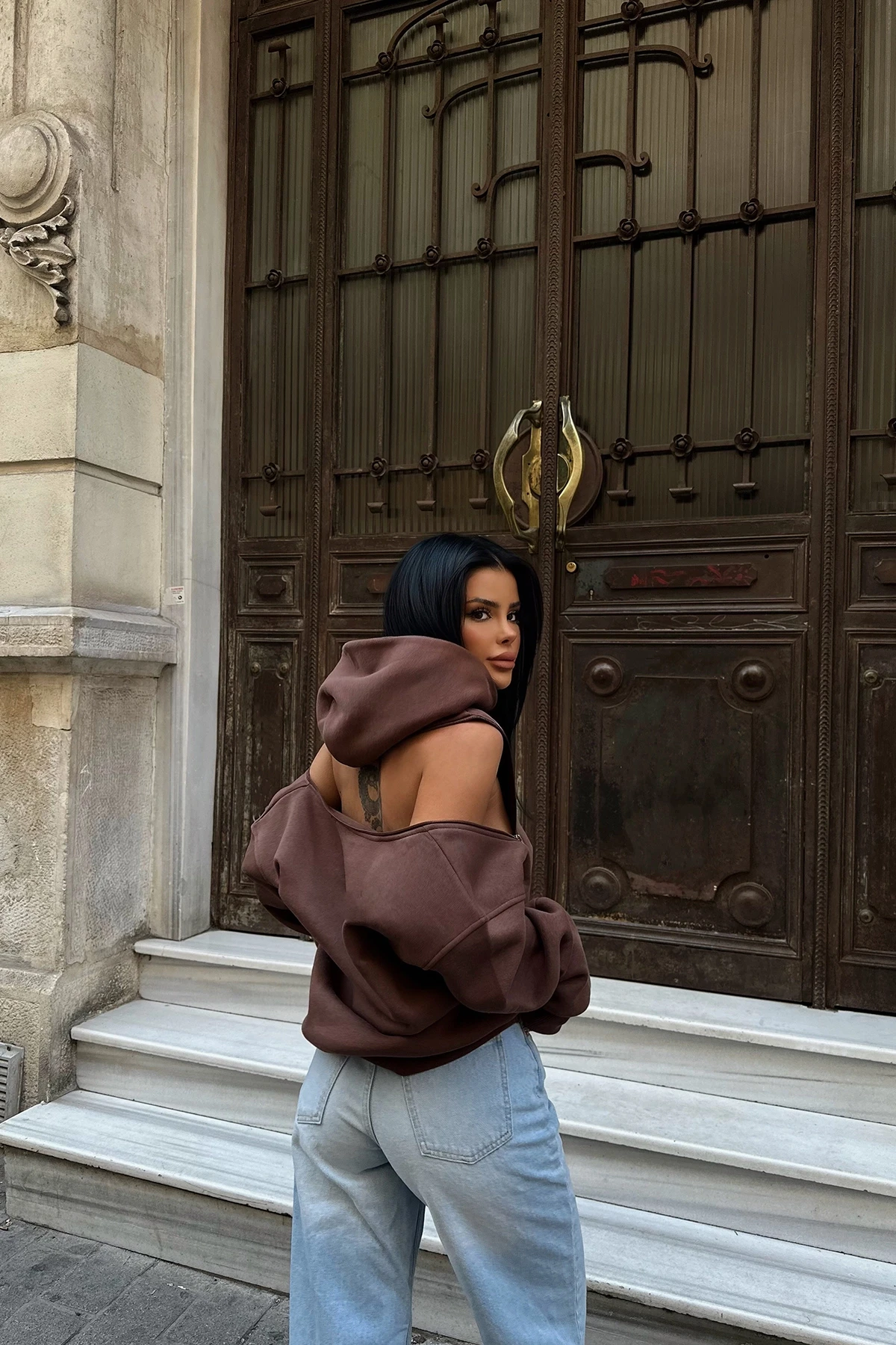 Picture of Brown Hooded Zipper Detail Sweat