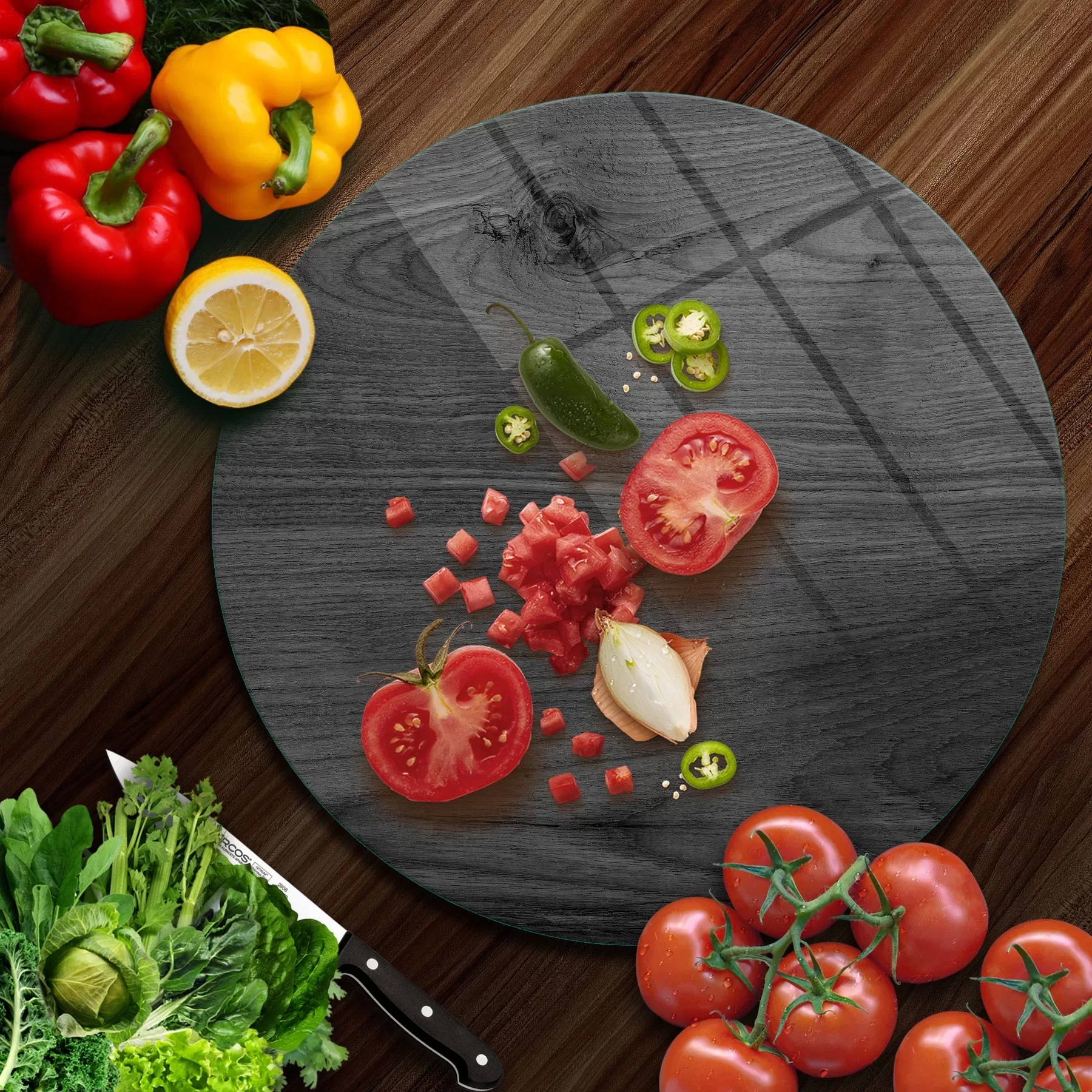 Picture of Decovetro Cam Kesme Tahtası ve Sunumluk Yuvarlak Siyah Ahşap Desenli 30x30 Cm