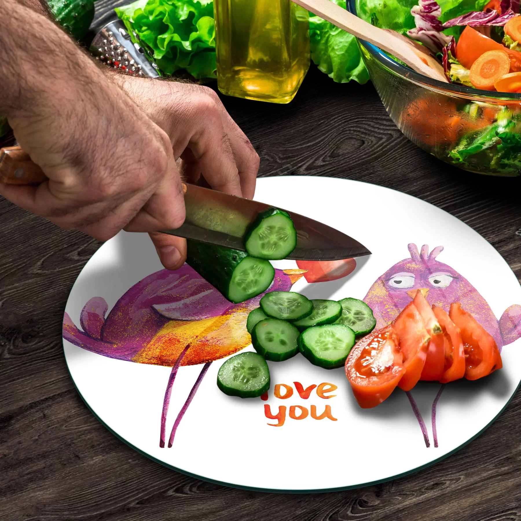 Picture of Decovetro Cam Kesme Tahtası ve Sunumluk Yuvarlak Love Birds Desenli 30x30 Cm