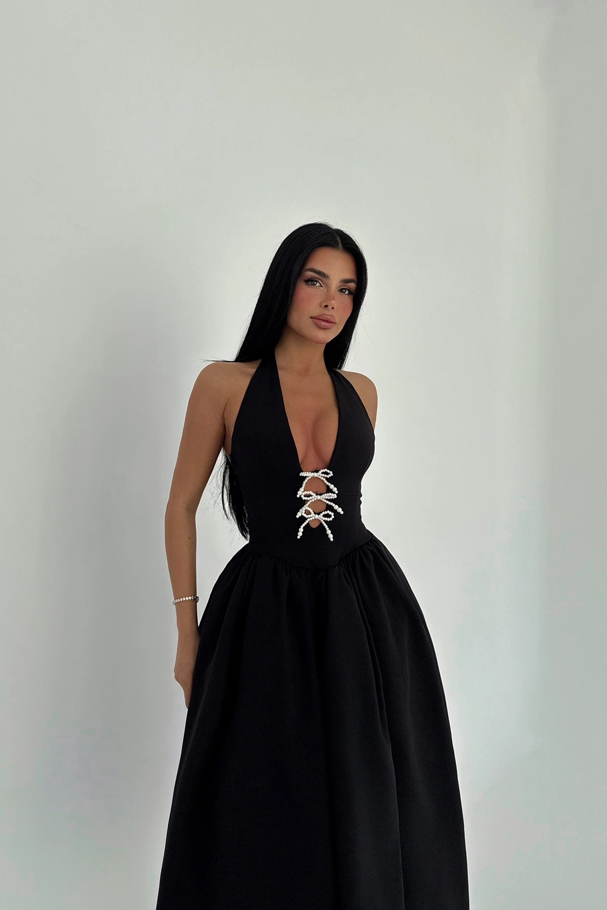 Picture of Black Ballerina Pearl Bow Detail Dress