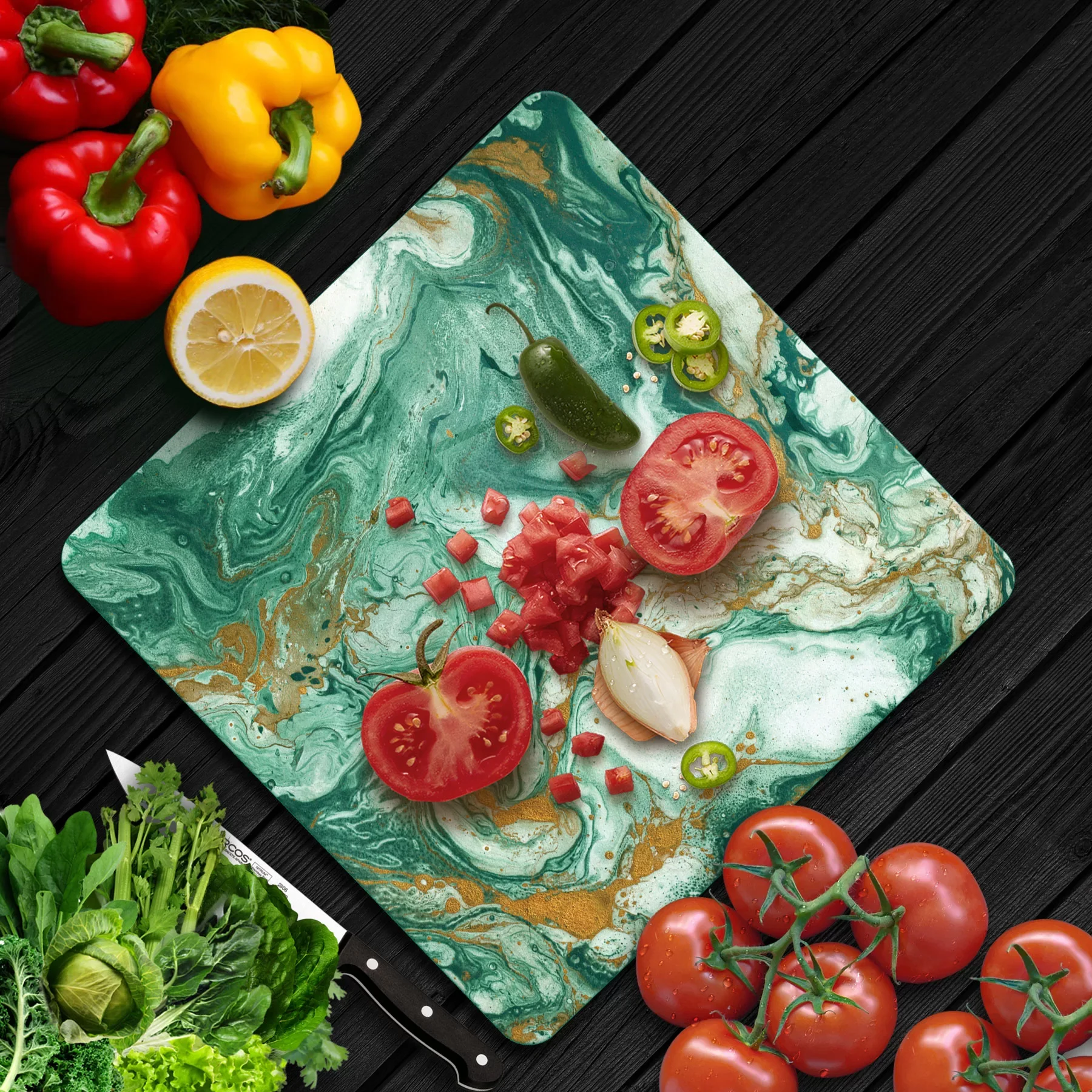 Picture of Decovetro Cam Kesme Tahtası ve Sunumluk Kare Yeşil Gold Mermer Desenli 30x30 Cm