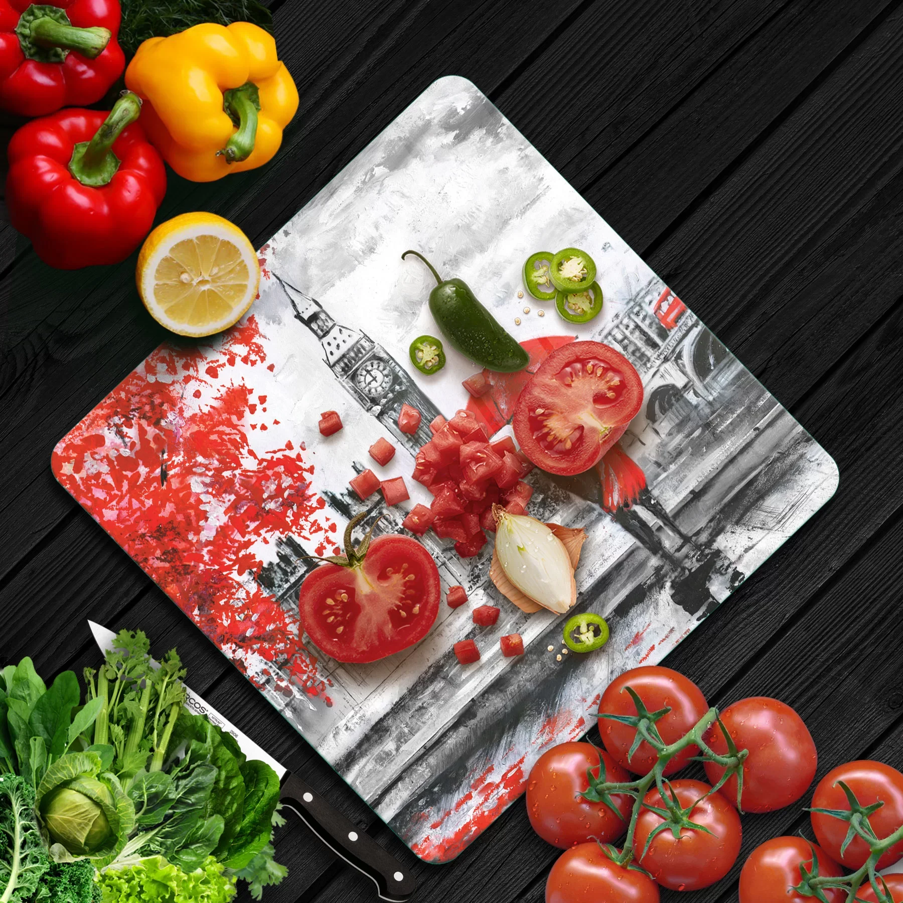 Picture of Decovetro Cam Kesme Tahtası ve Sunumluk Kare Love London Desenli 30x30 Cm