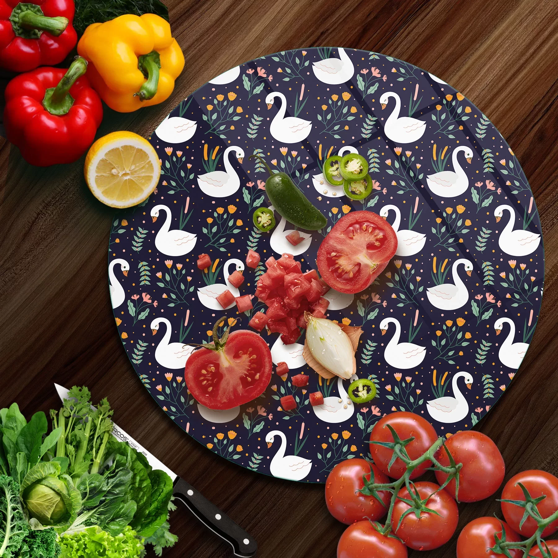 Picture of Decovetro Cam Kesme Tahtası ve Sunumluk Yuvarlak Kuğu Çiçek Desenli 30x30 Cm