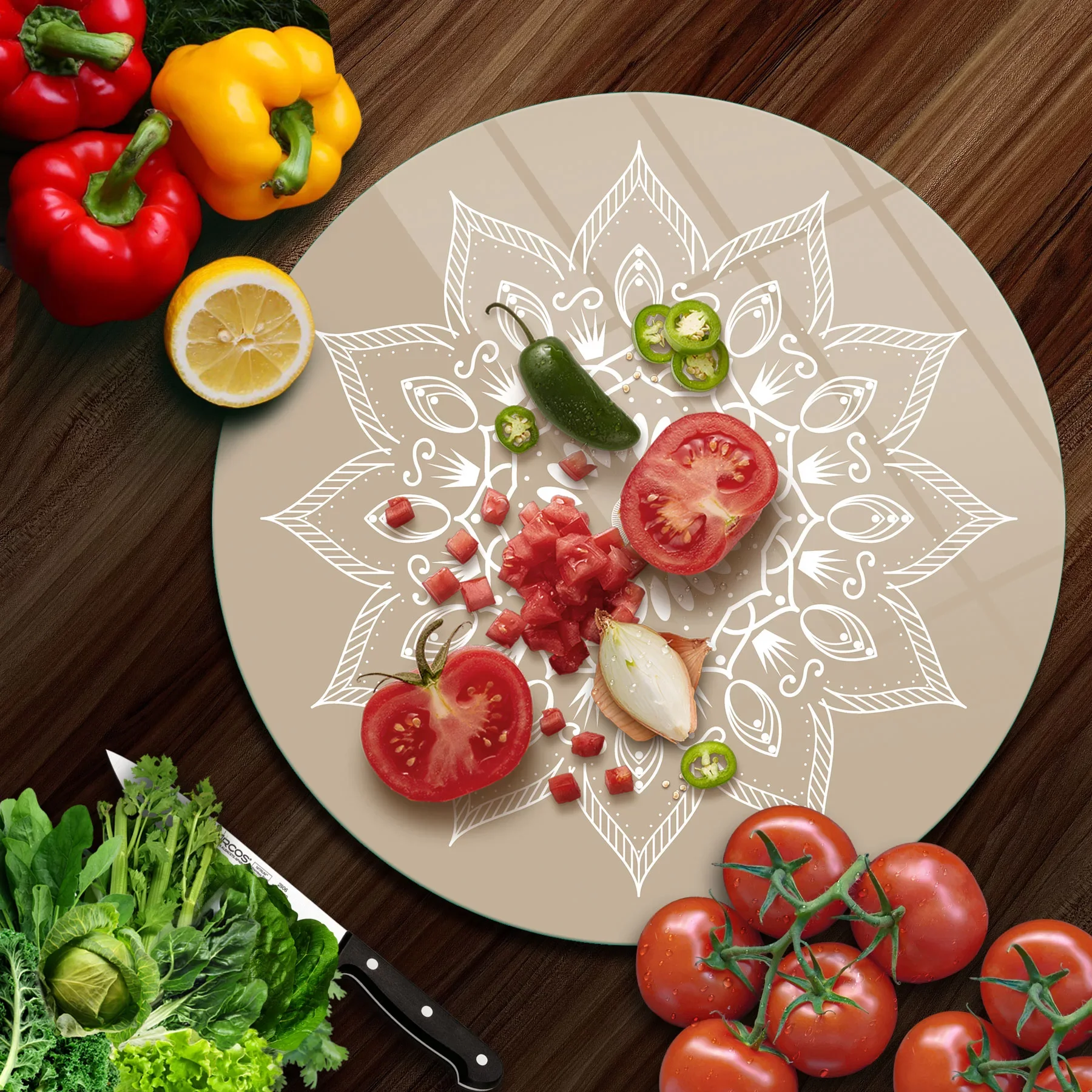 Picture of Decovetro Cam Kesme Tahtası ve Sunumluk Yuvarlak Mandala Desenli 30x30 Cm