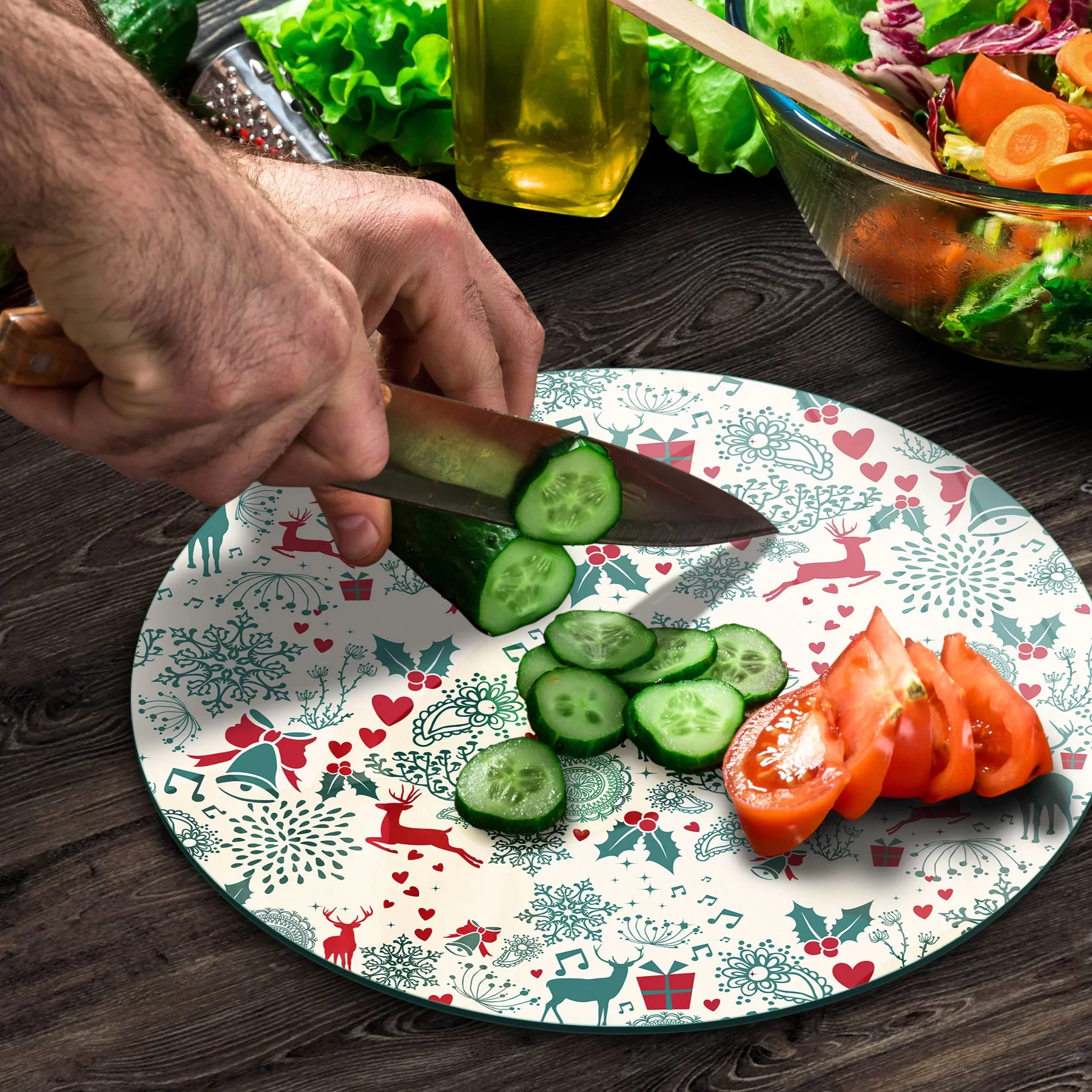 Picture of Decovetro Cam Kesme Tahtası ve Sunumluk Yuvarlak Yılbaşı Desenli 30x30 Cm