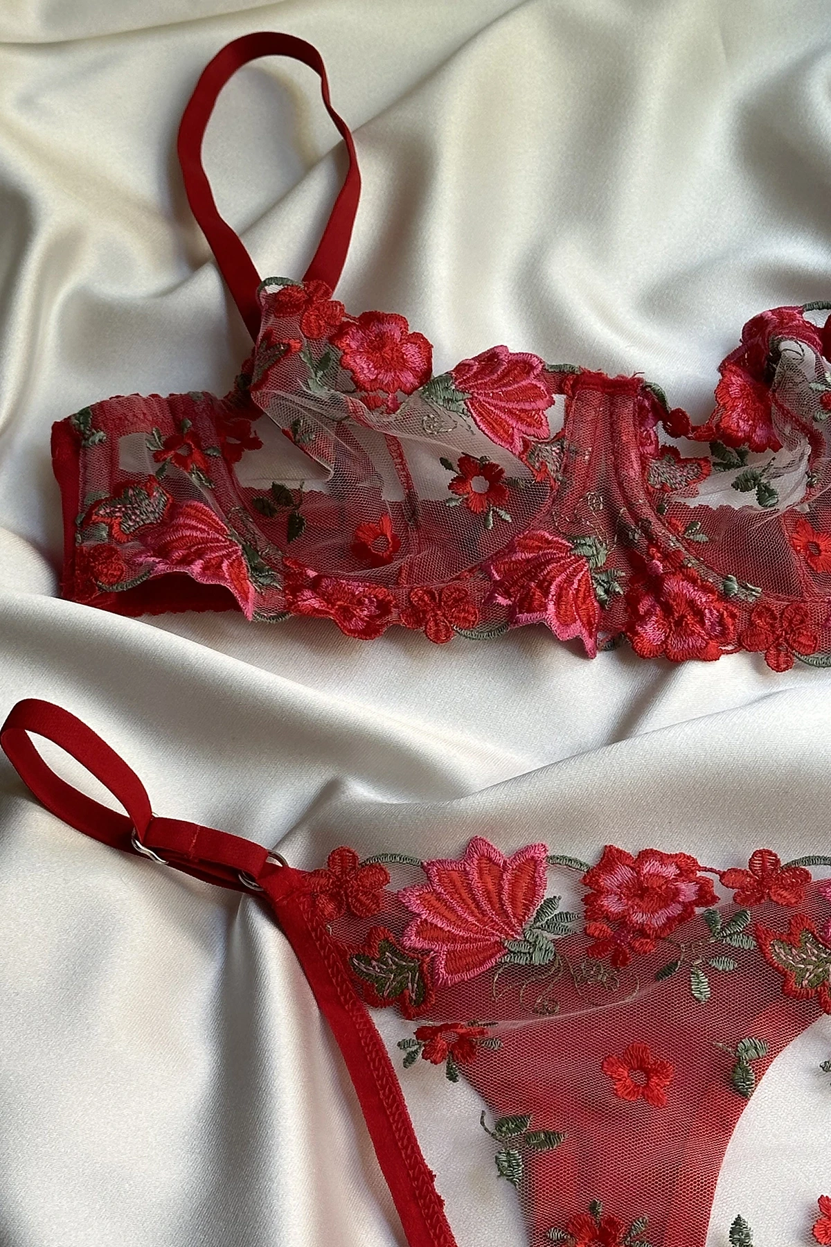 Picture of Red Flower Detail Tulle Lingerie