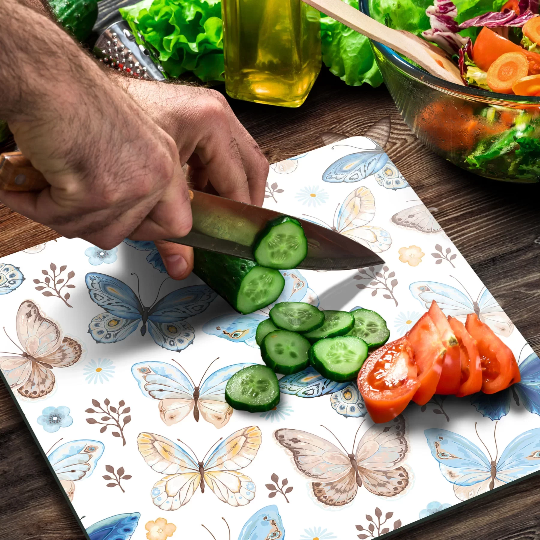 Picture of Decovetro Cam Kesme Tahtası ve Sunumluk Kare Kelebek Desenli 30x30 Cm