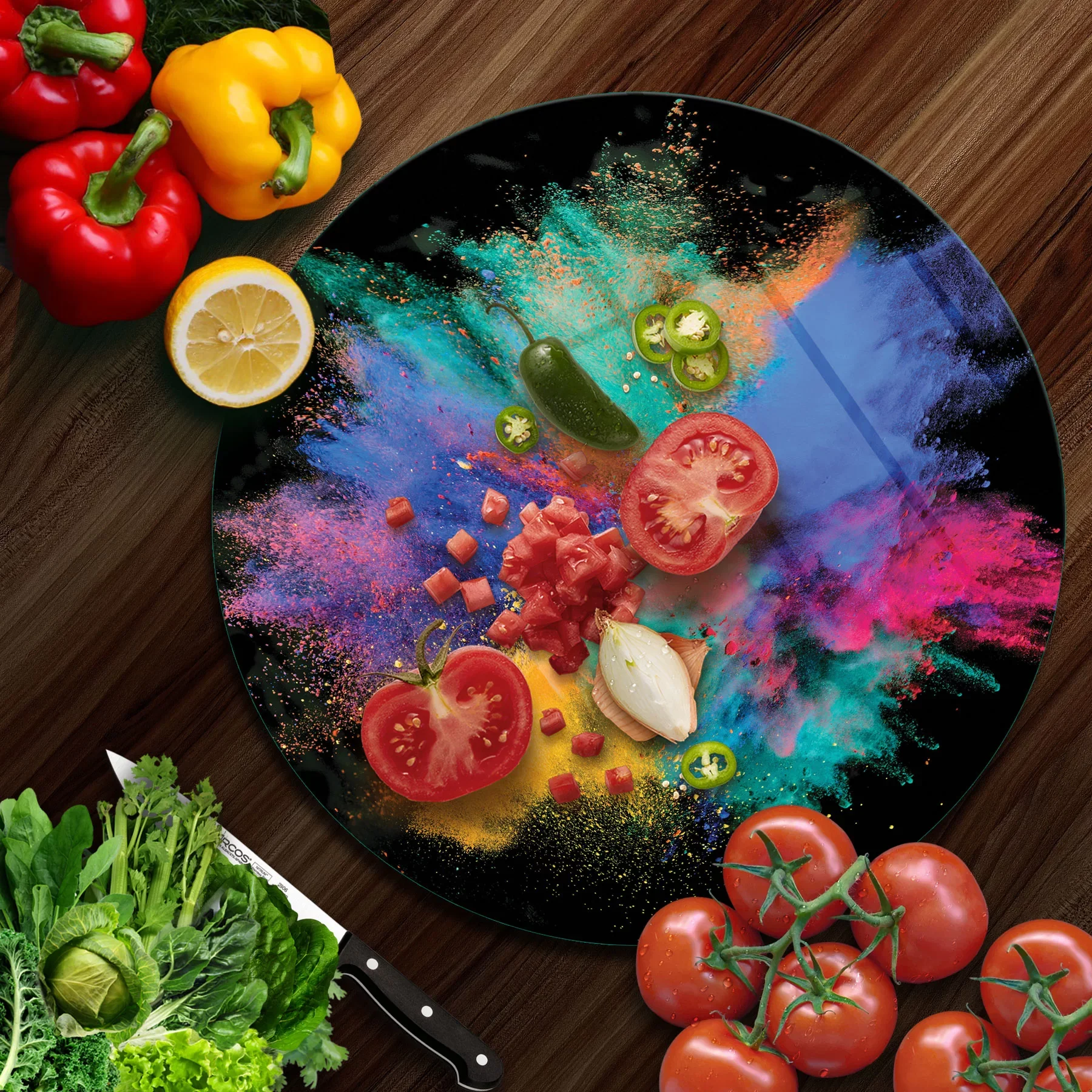 Picture of Decovetro Cam Kesme Tahtası ve Sunumluk Yuvarlak Renk Bulutu Desenli 30x30 Cm