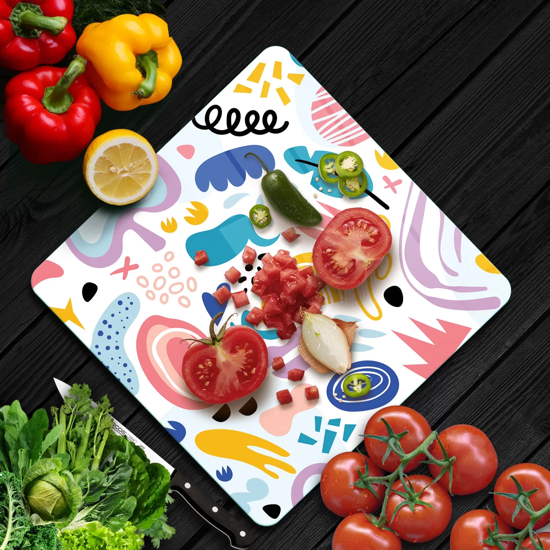 Picture of Decovetro Cam Kesme Tahtası ve Sunumluk Kare Karışık Çizgi Desenli 30x30 Cm