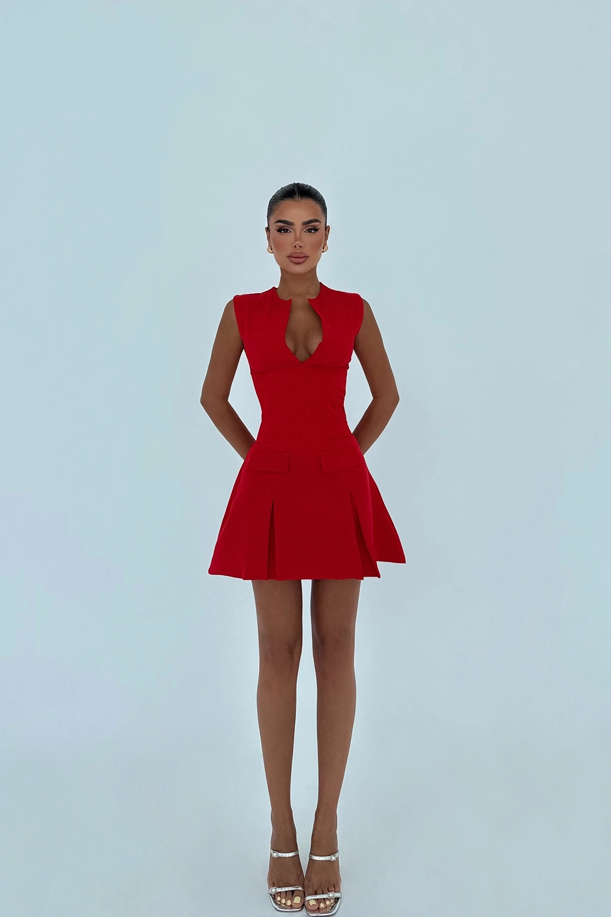 Picture of Red Pocket Detail Mini Dress
