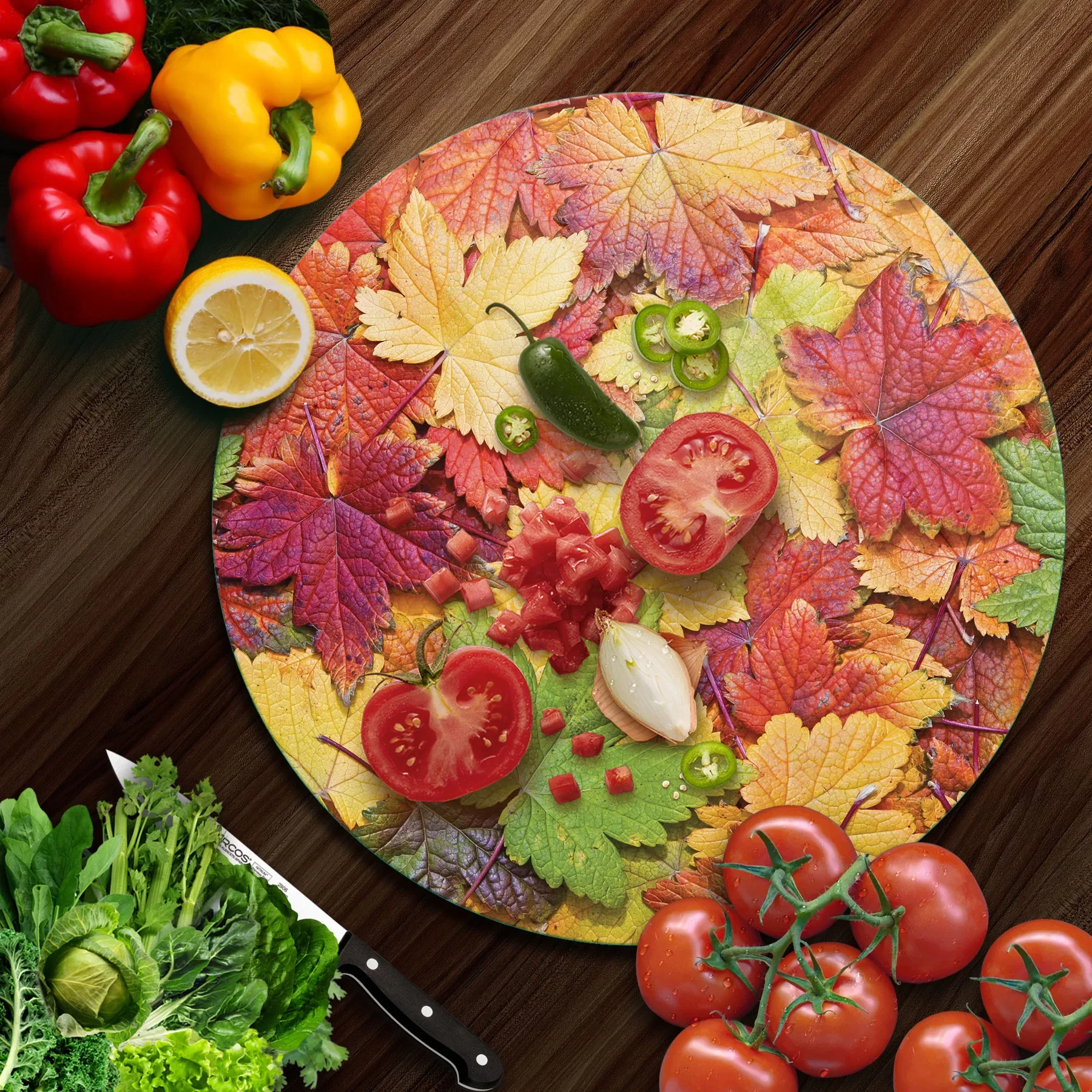 Picture of Decovetro Cam Kesme Tahtası ve Sunumluk Yuvarlak Sonbahar Yaprak Desenli 30x30 Cm