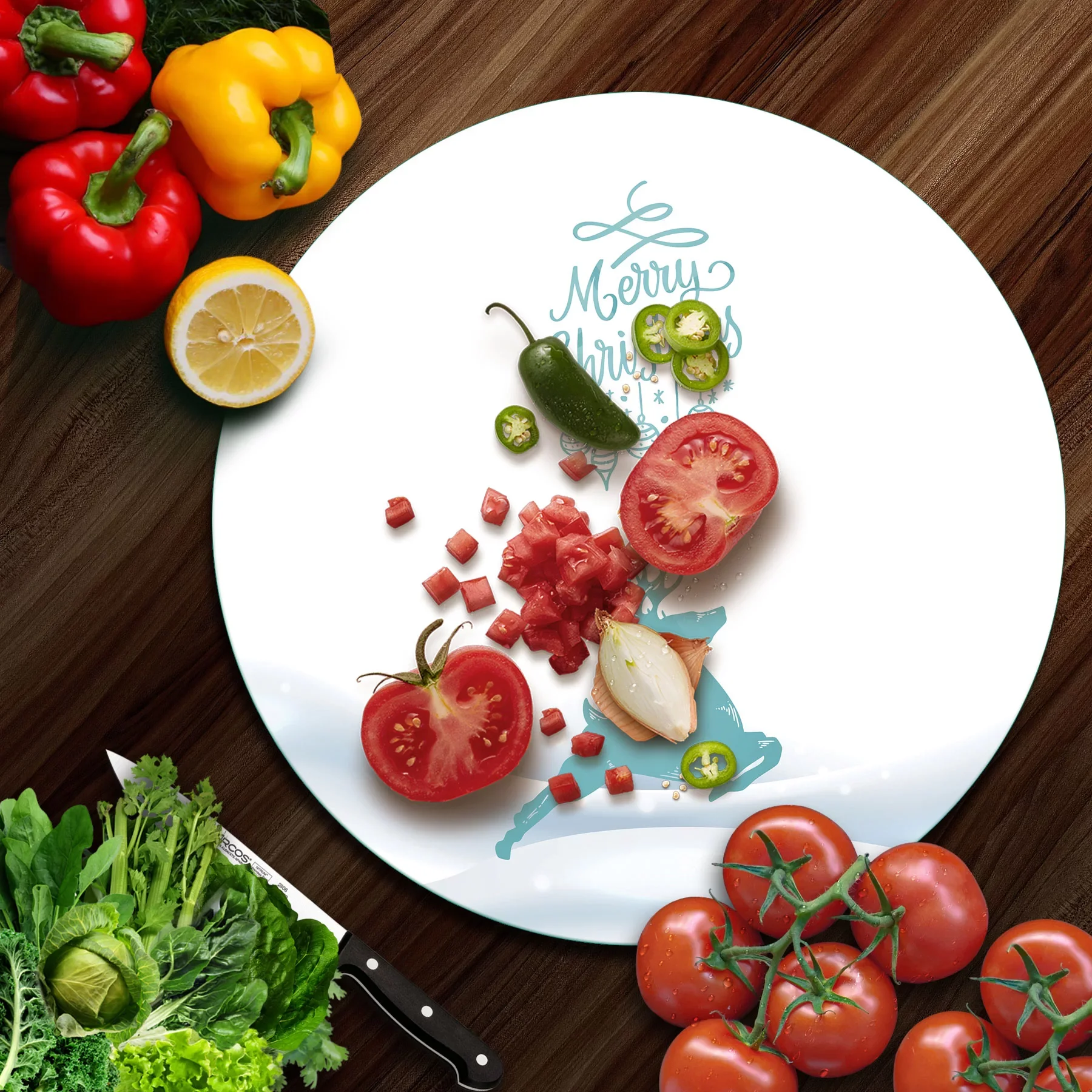 Picture of Decovetro Cam Kesme Tahtası ve Sunumluk Yuvarlak Yılbaşı Geyik Desenli 30x30 Cm