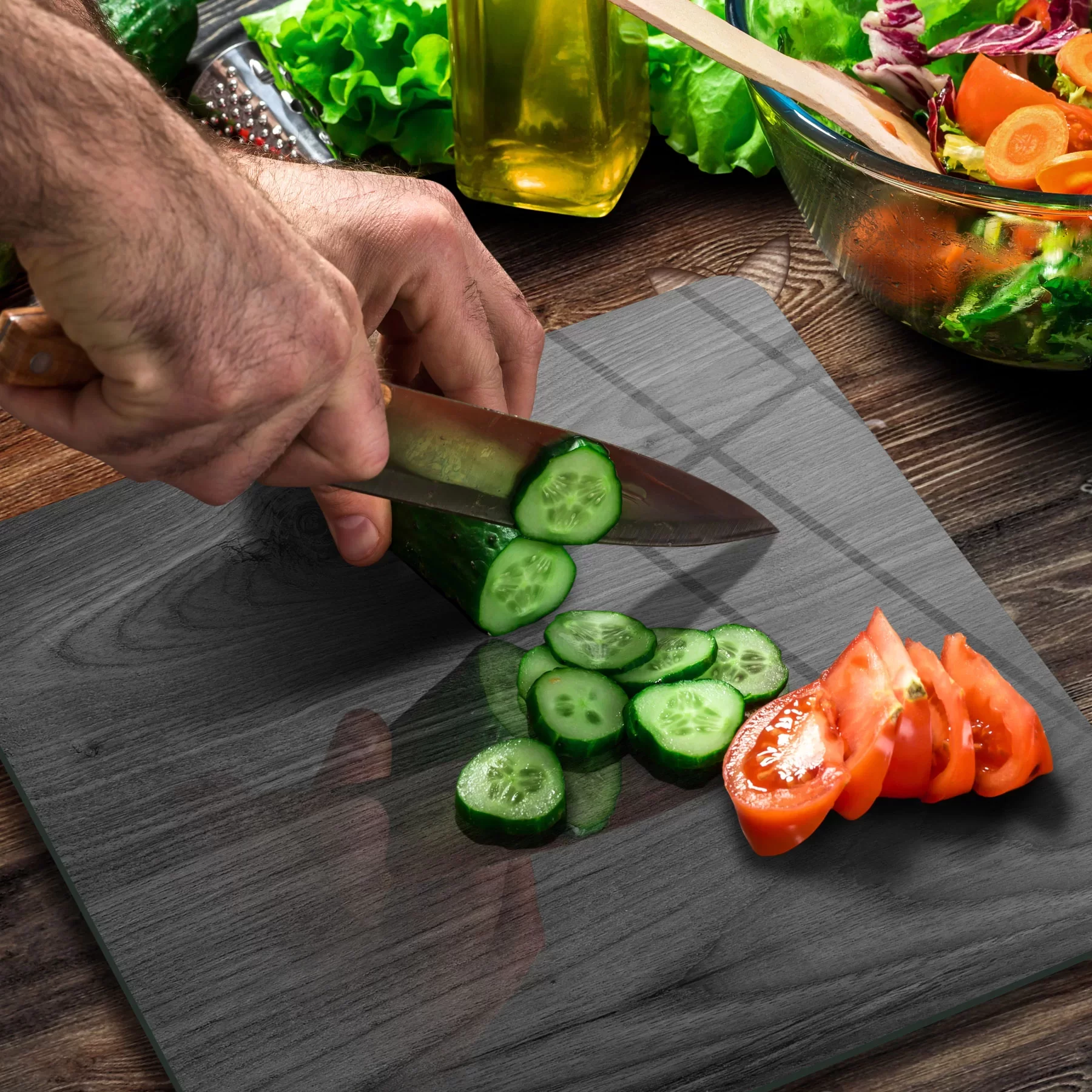 Picture of Decovetro Cam Kesme Tahtası ve Sunumluk Kare Siyah Ahşap Desenli 30x30 Cm