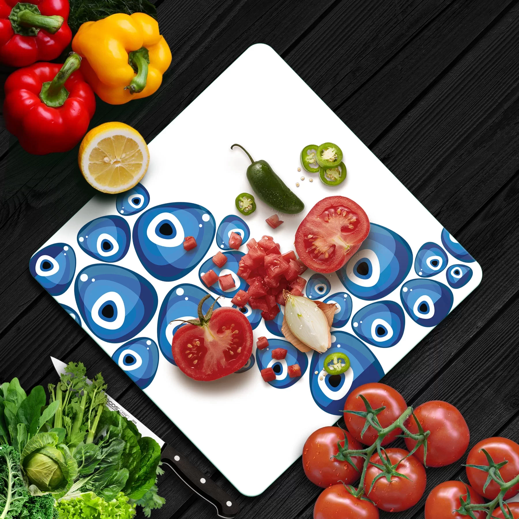 Picture of Decovetro Cam Kesme Tahtası ve Sunumluk Kare Nazar Boncuğu Beyaz Zeminli 30x30 Cm