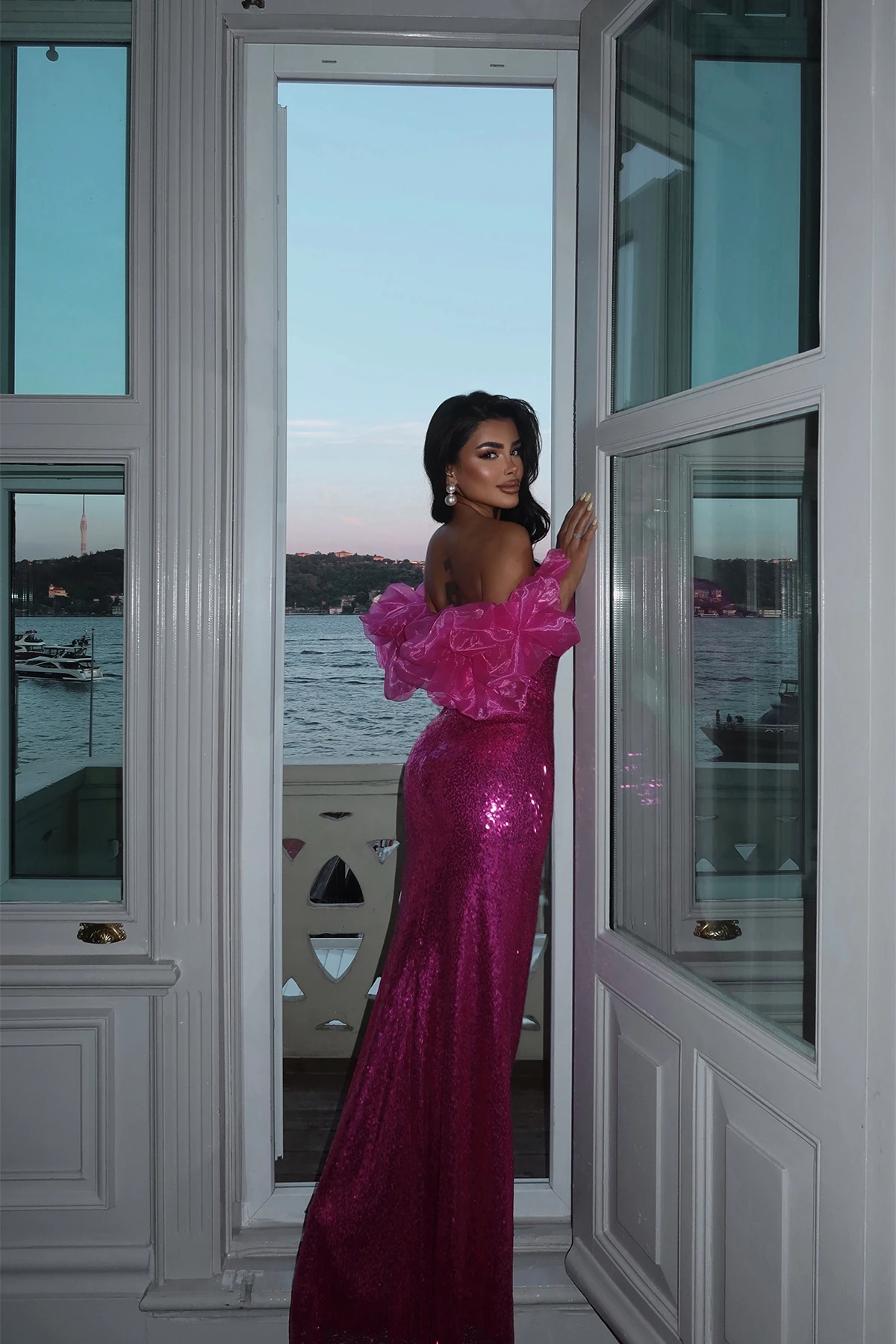 Picture of Fuchsia Strap Slit Detail Evening Dress