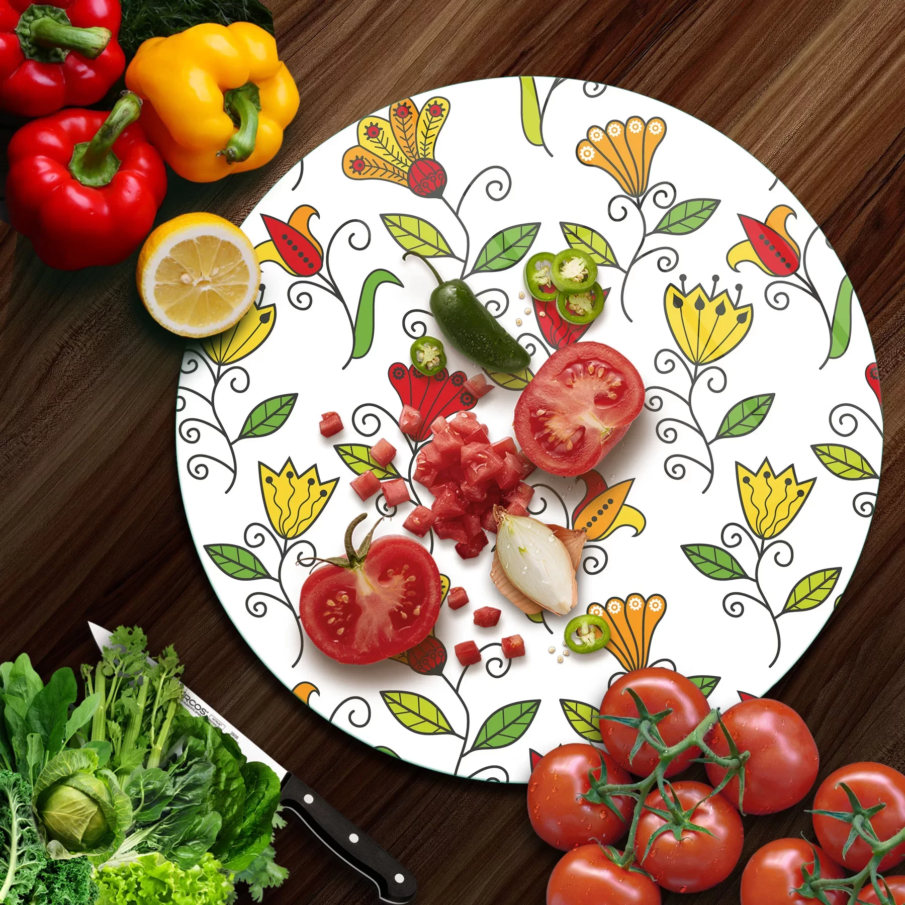 Picture of Decovetro Cam Kesme Tahtası ve Sunumluk Yuvarlak Renkli Çiçekler Desenli 30x30 Cm