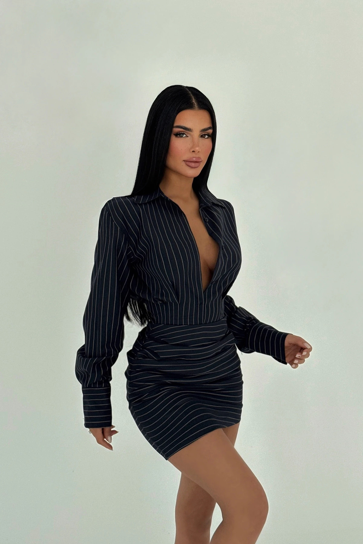 Picture of Navy Blue Striped Shirt Collar Mini Dress