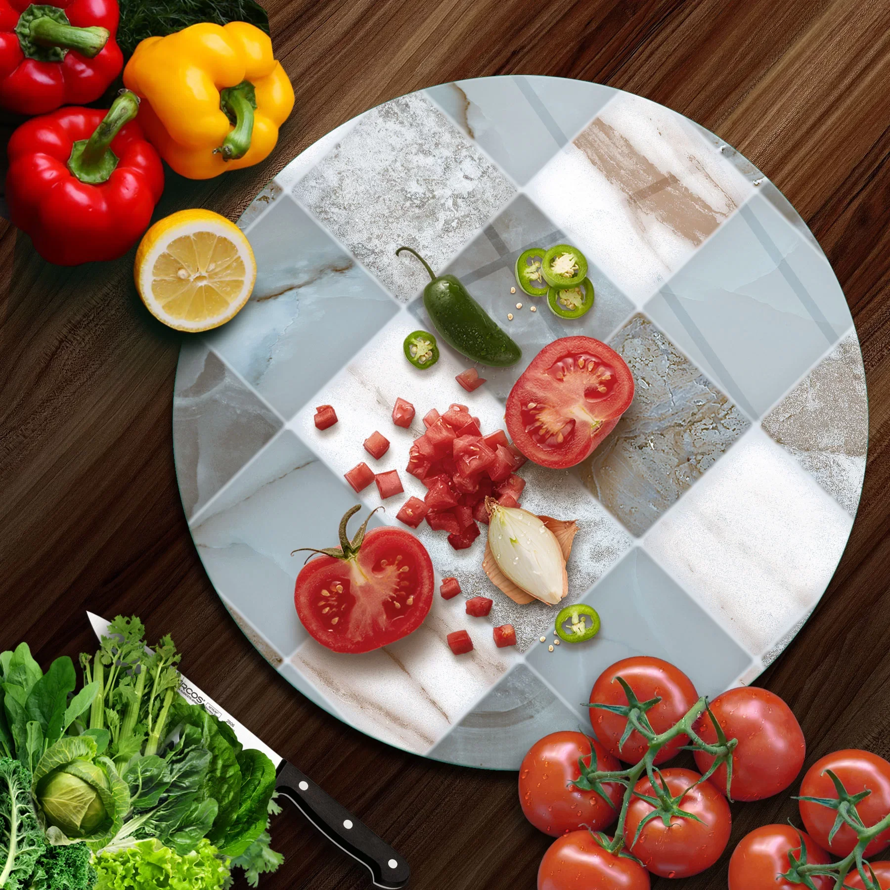 Picture of Decovetro Cam Kesme Tahtası ve Sunumluk Yuvarlak Gri Mermer Desenli 30x30 Cm