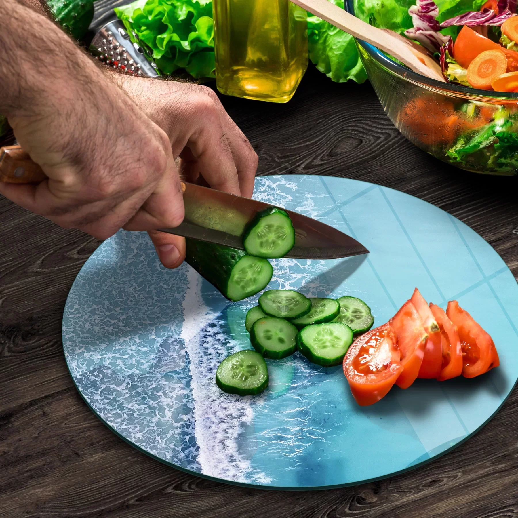 Picture of Decovetro Cam Kesme Tahtası ve Sunumluk Yuvarlak Deniz Kayık Desenli 30x30 Cm