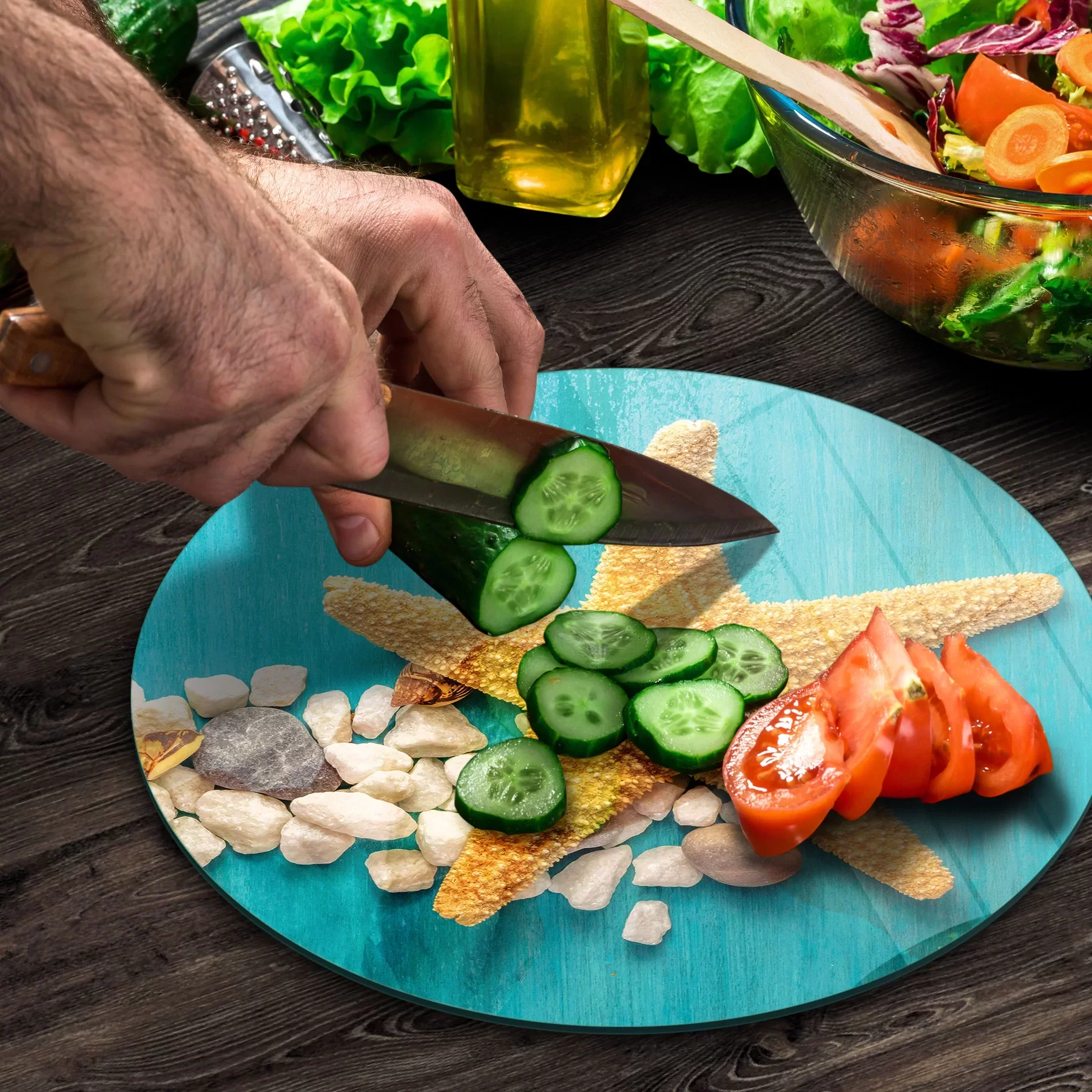 Picture of Decovetro Cam Kesme Tahtası ve Sunumluk Yuvarlak Turkuaz Deniz Yıldızı Desenli 30x30 Cm