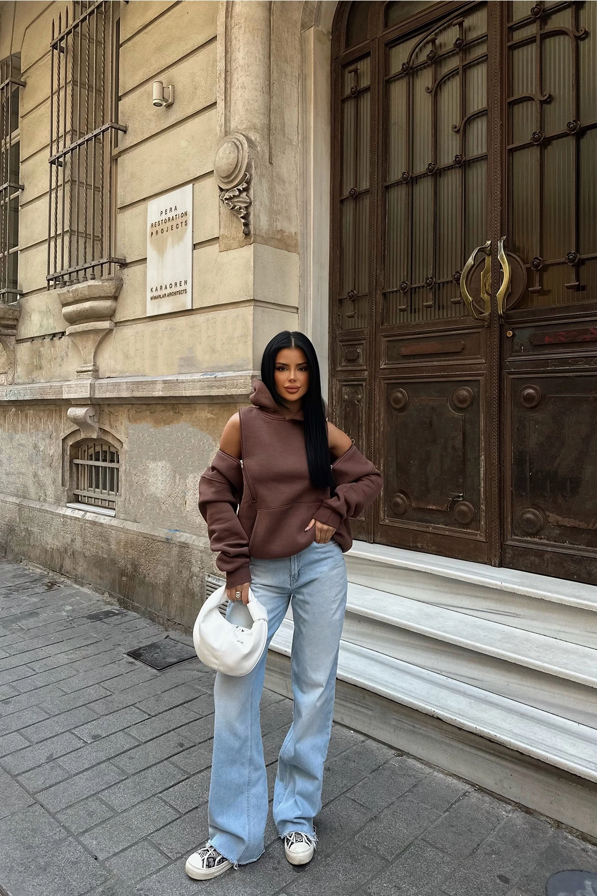 Picture of Brown Hooded Zipper Detail Sweat