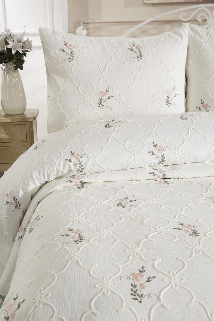 Picture of Pinkrose Nakışlı Şönil 3 Parça Çift Kişilik Yatak Örtüsü Krem