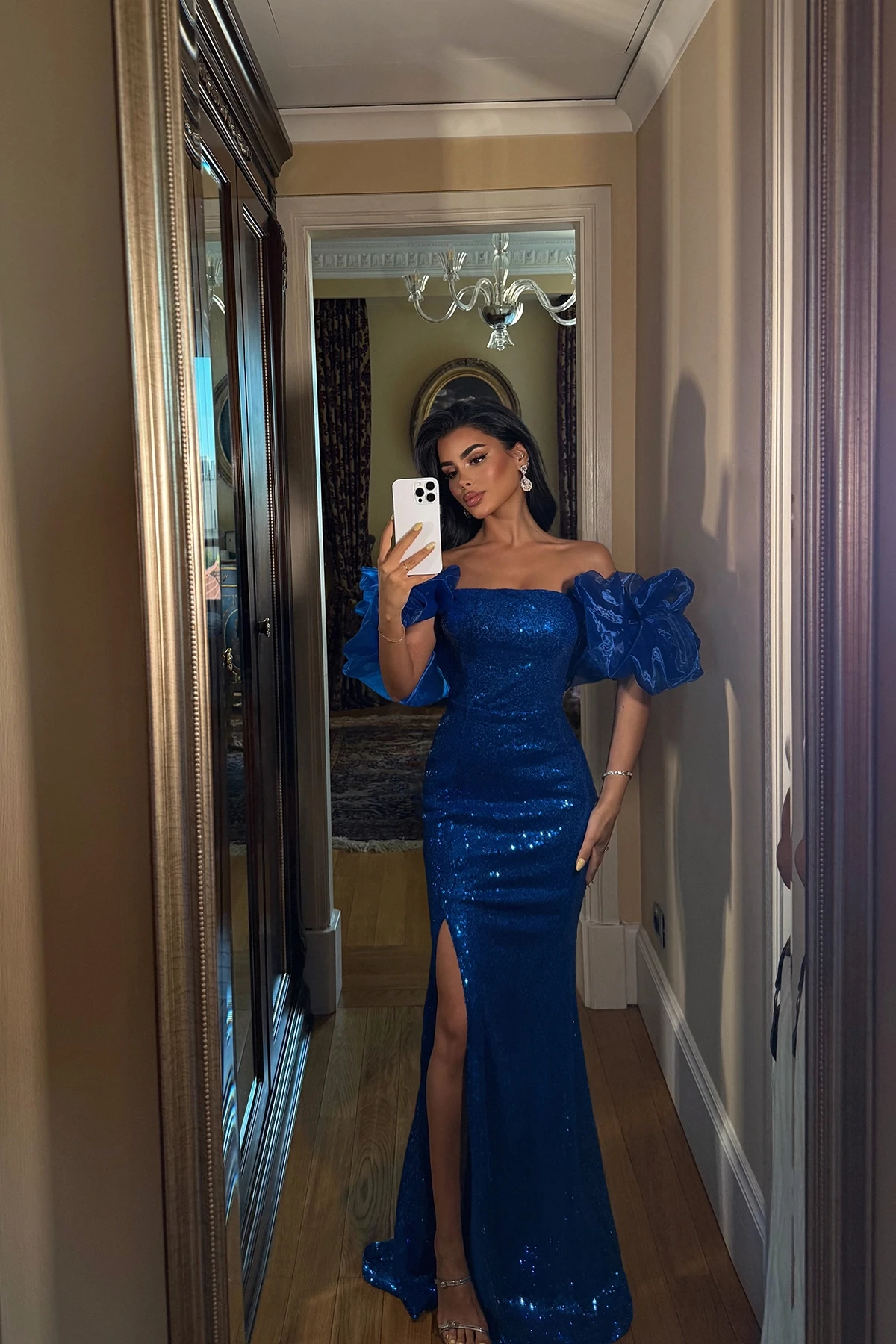 Picture of Navy Blue Strap Slit Detail Evening Dress