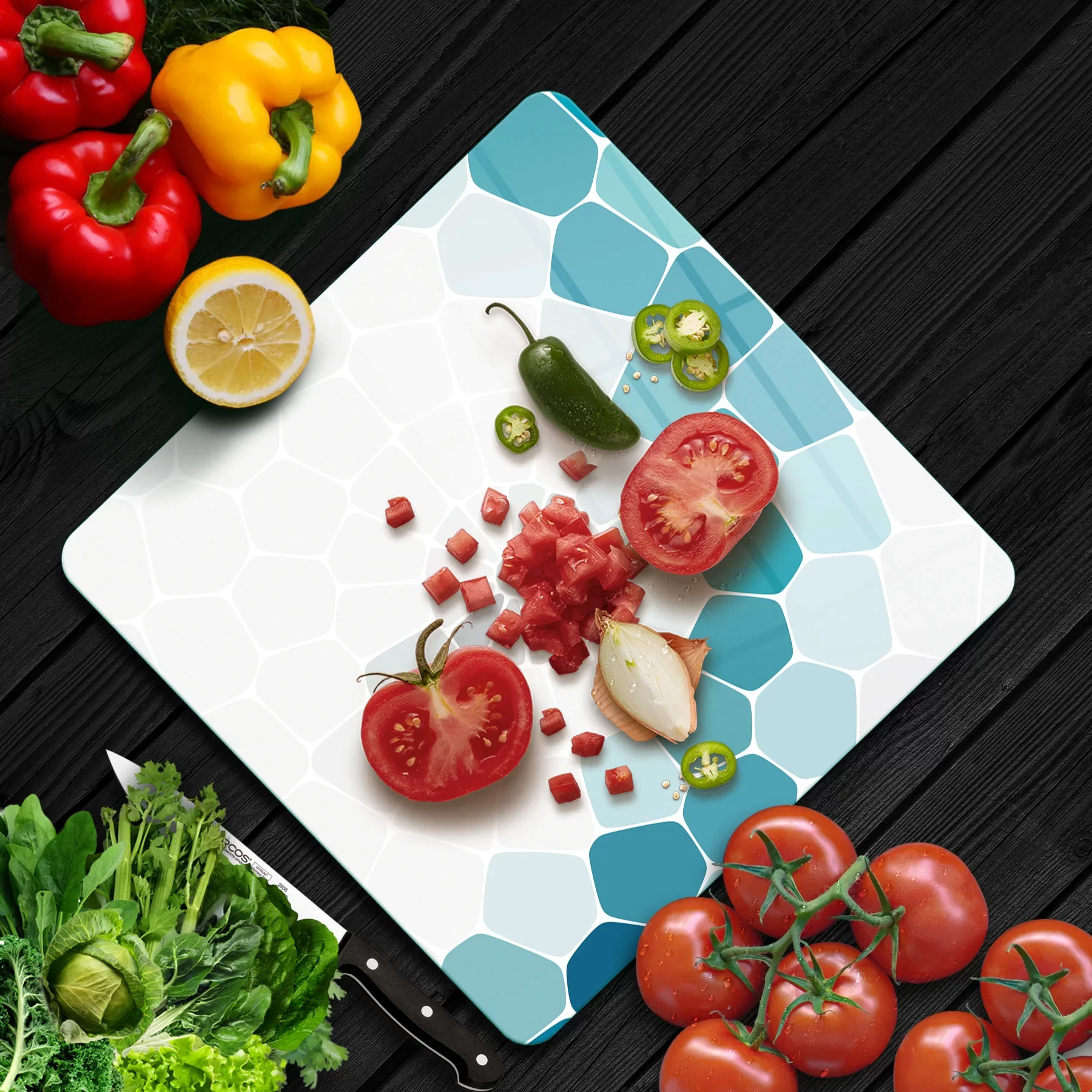 Picture of Decovetro Cam Kesme Tahtası ve Sunumluk Kare Petek Desenli 30x30 Cm