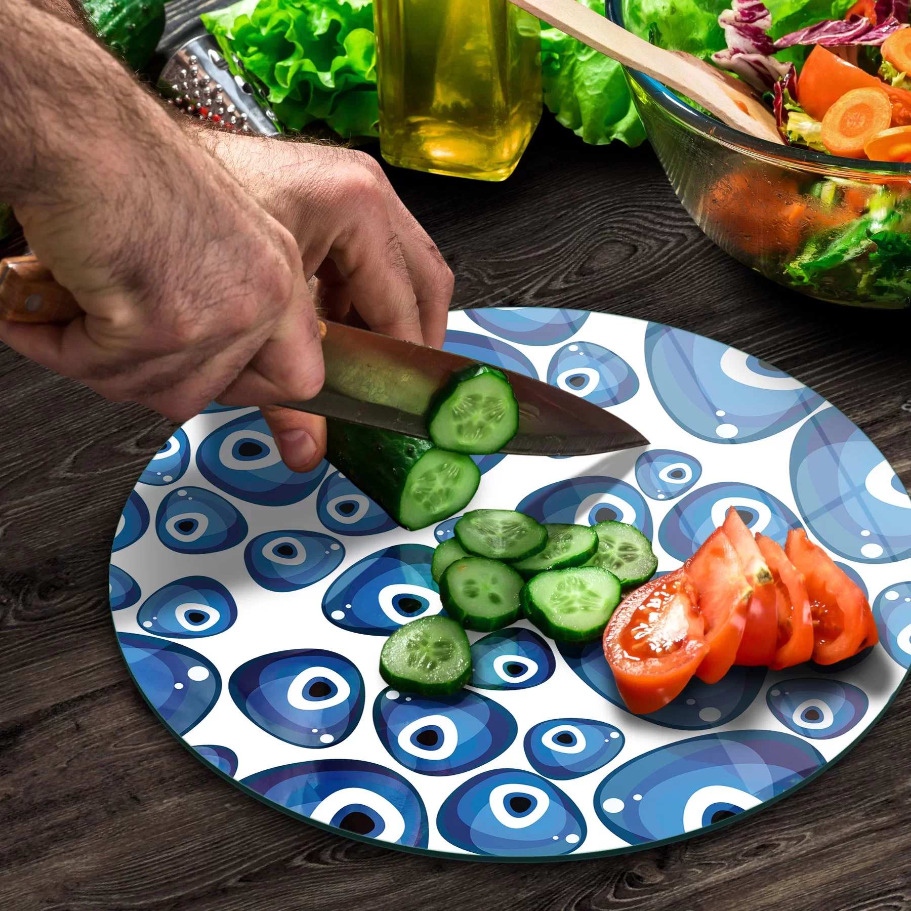 Picture of Decovetro Cam Kesme Tahtası ve Sunumluk Yuvarlak Nazar Boncukları Desenli 30x30 Cm