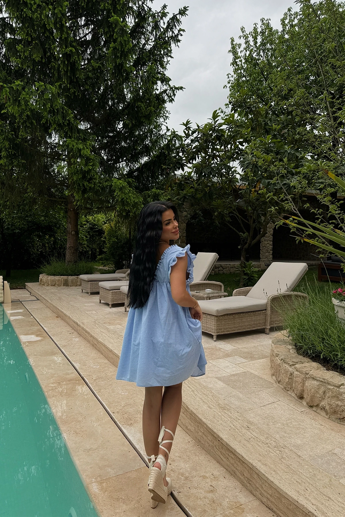 Picture of Blue Gingham Patterned Ruffle Mini Dress