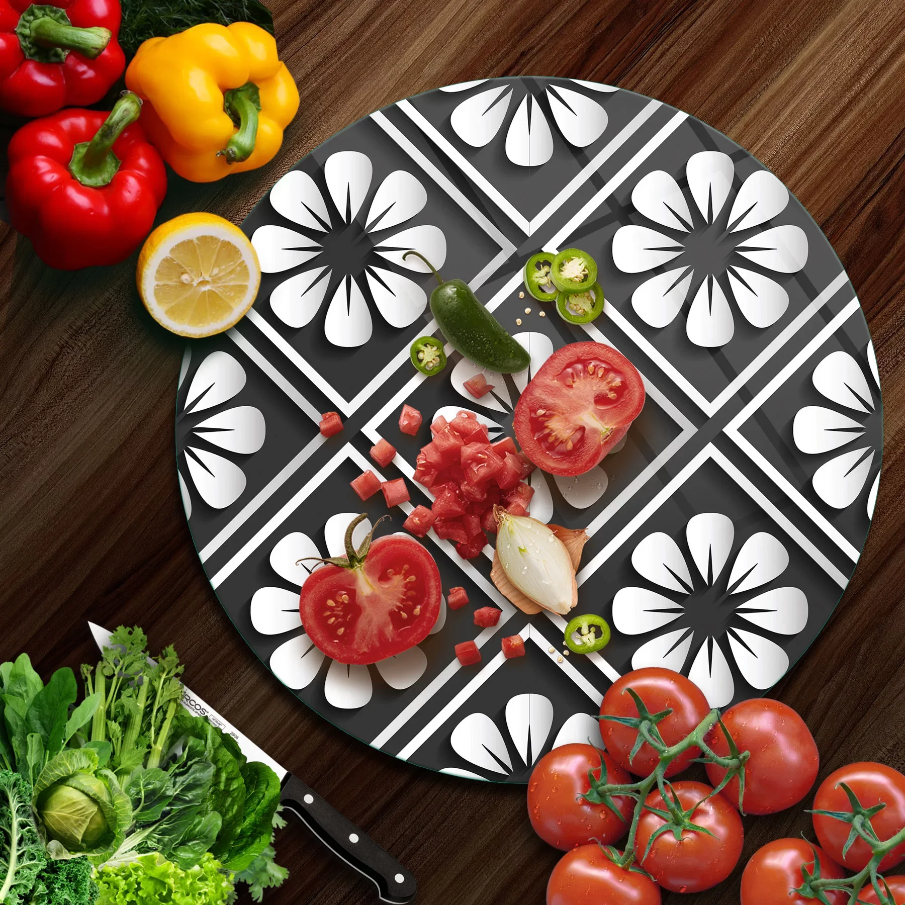 Picture of Decovetro Cam Kesme Tahtası ve Sunumluk Yuvarlak Çini Çiçek Desenli 30x30 Cm