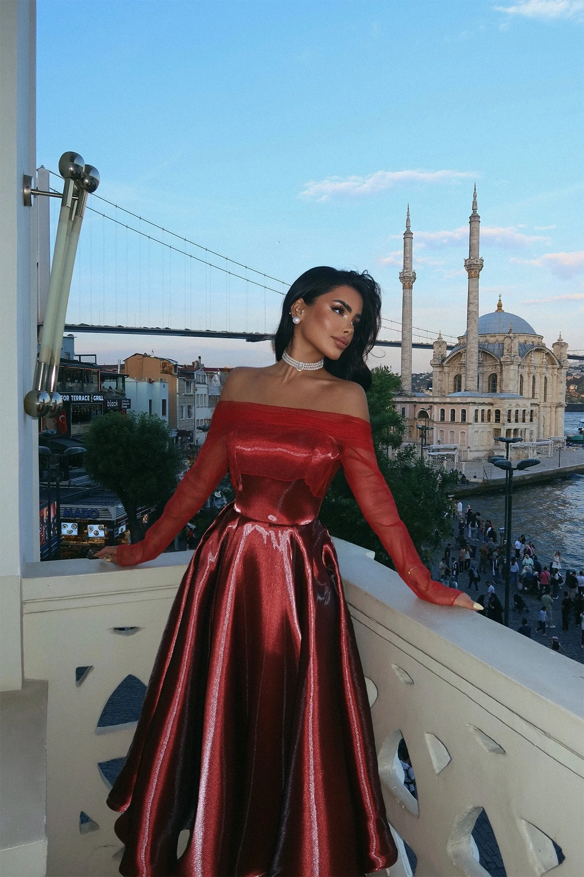 Picture of Burgundy Strapless Tulle Detail Evening Dress