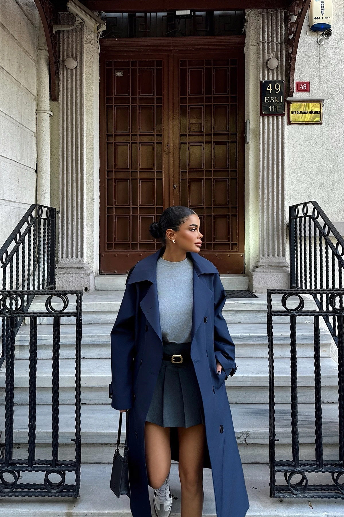 Picture of Navy Blue Sleeves Belted Trench Coat