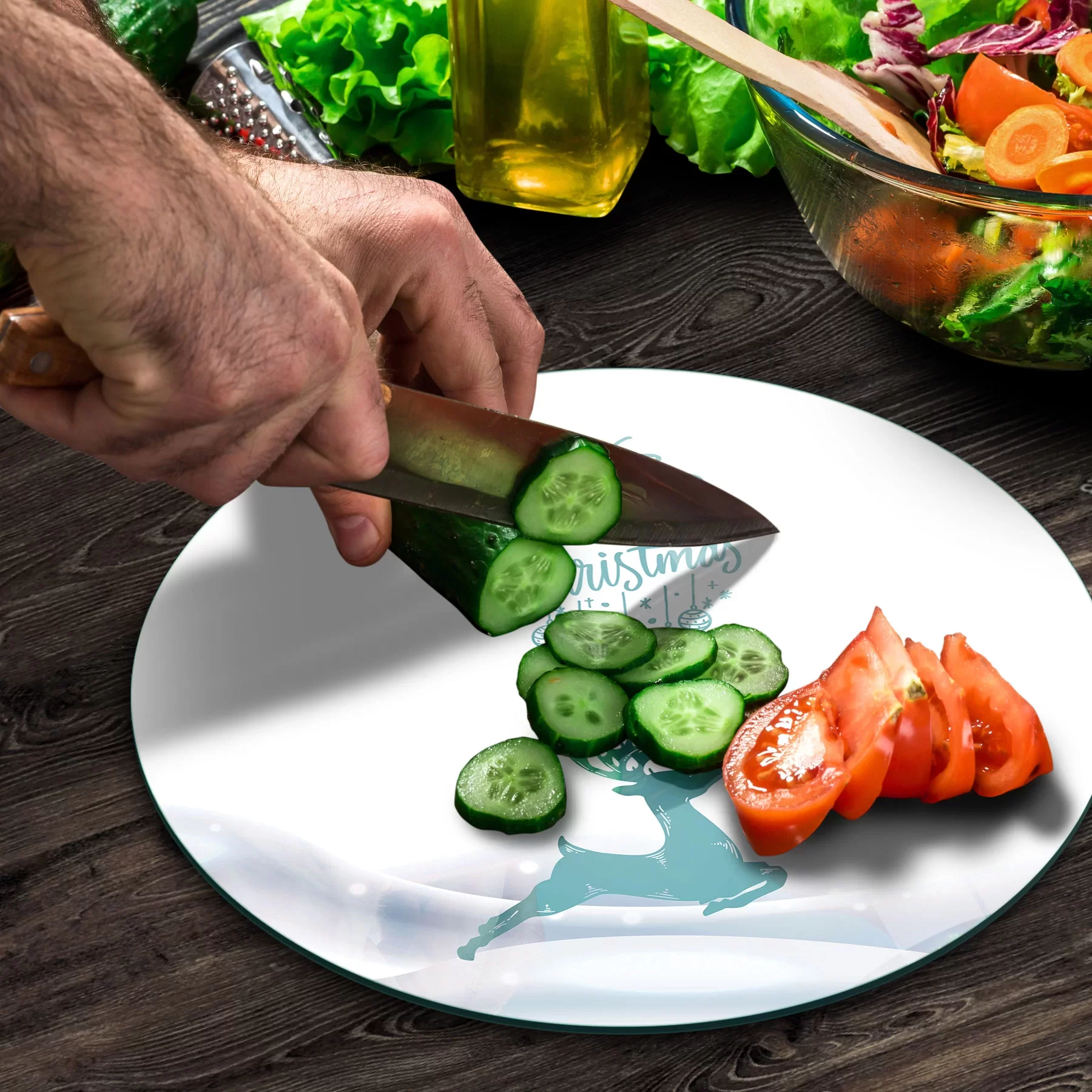 Picture of Decovetro Cam Kesme Tahtası ve Sunumluk Yuvarlak Yılbaşı Geyik Desenli 30x30 Cm