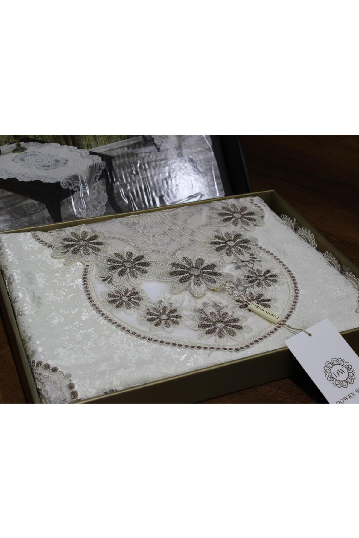 Picture of Aryen Kadife Kordone 5 Parça Salon Takımı Krem Koyu Kahve