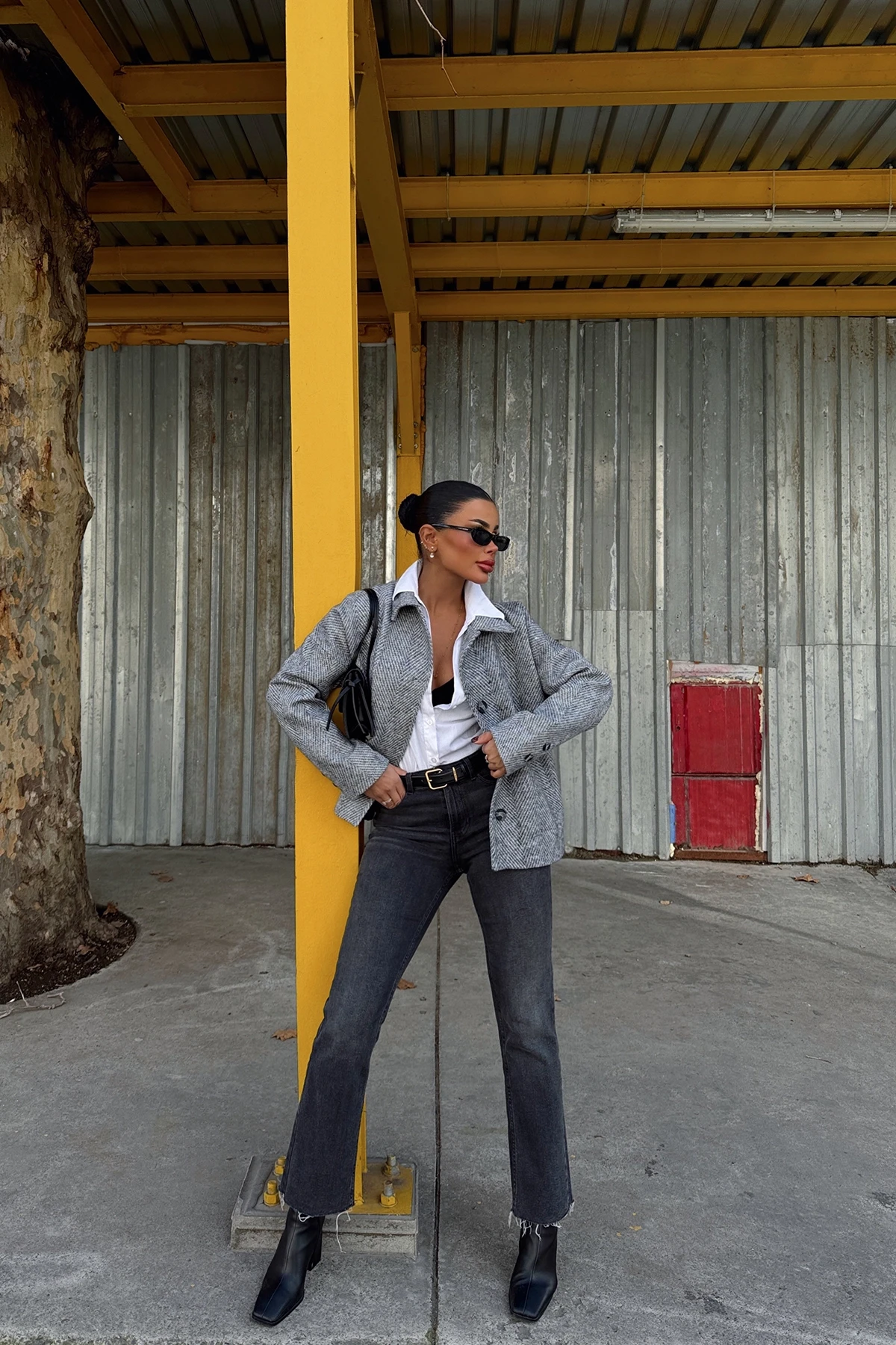 Picture of Gray Pocket Detail Double Breasted Collar Jacket