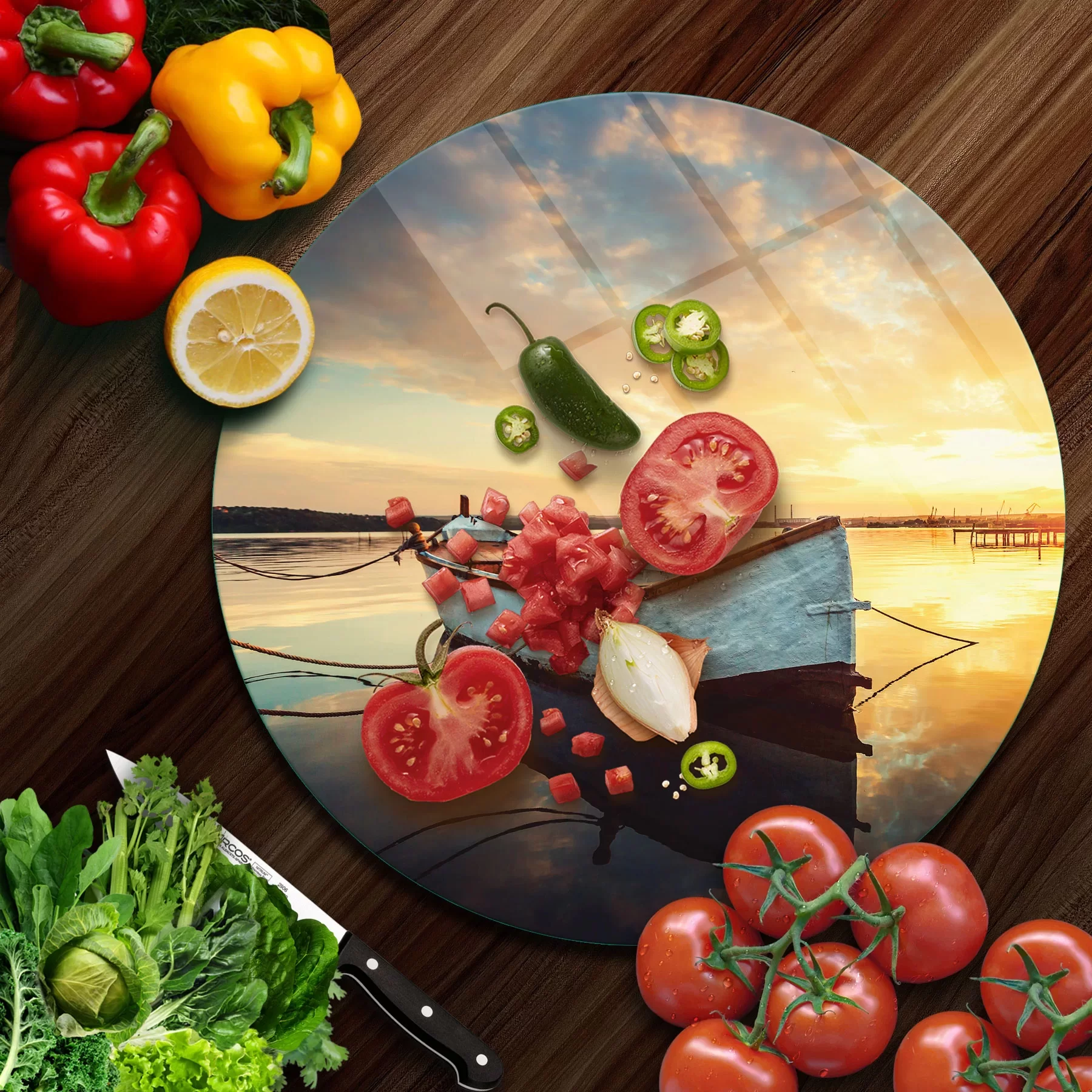 Picture of Decovetro Cam Kesme Tahtası ve Sunumluk Yuvarlak Kayık Desenli 30x30 Cm