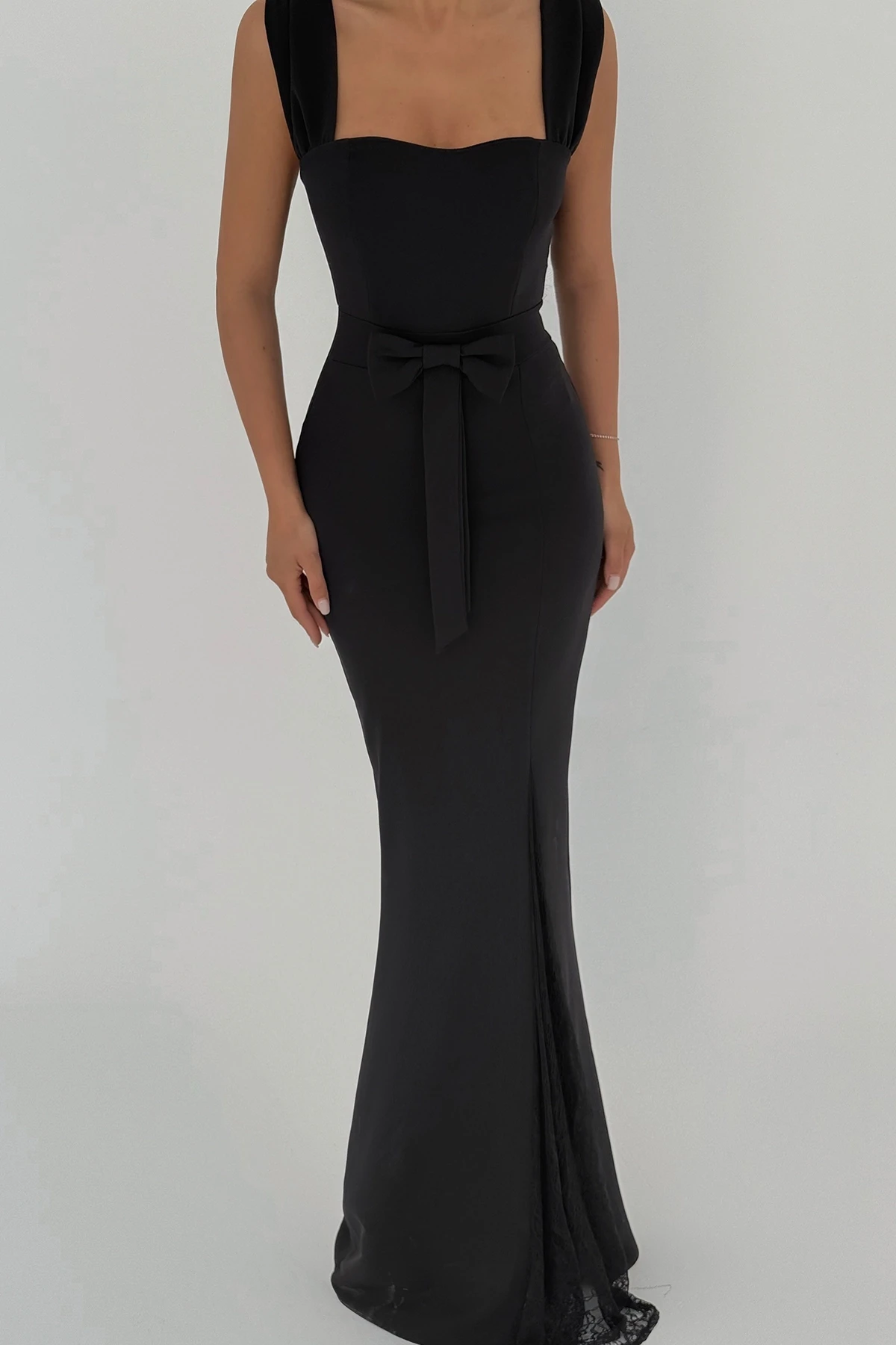 Picture of Black Remmy Slit Lace Detail Long Dress