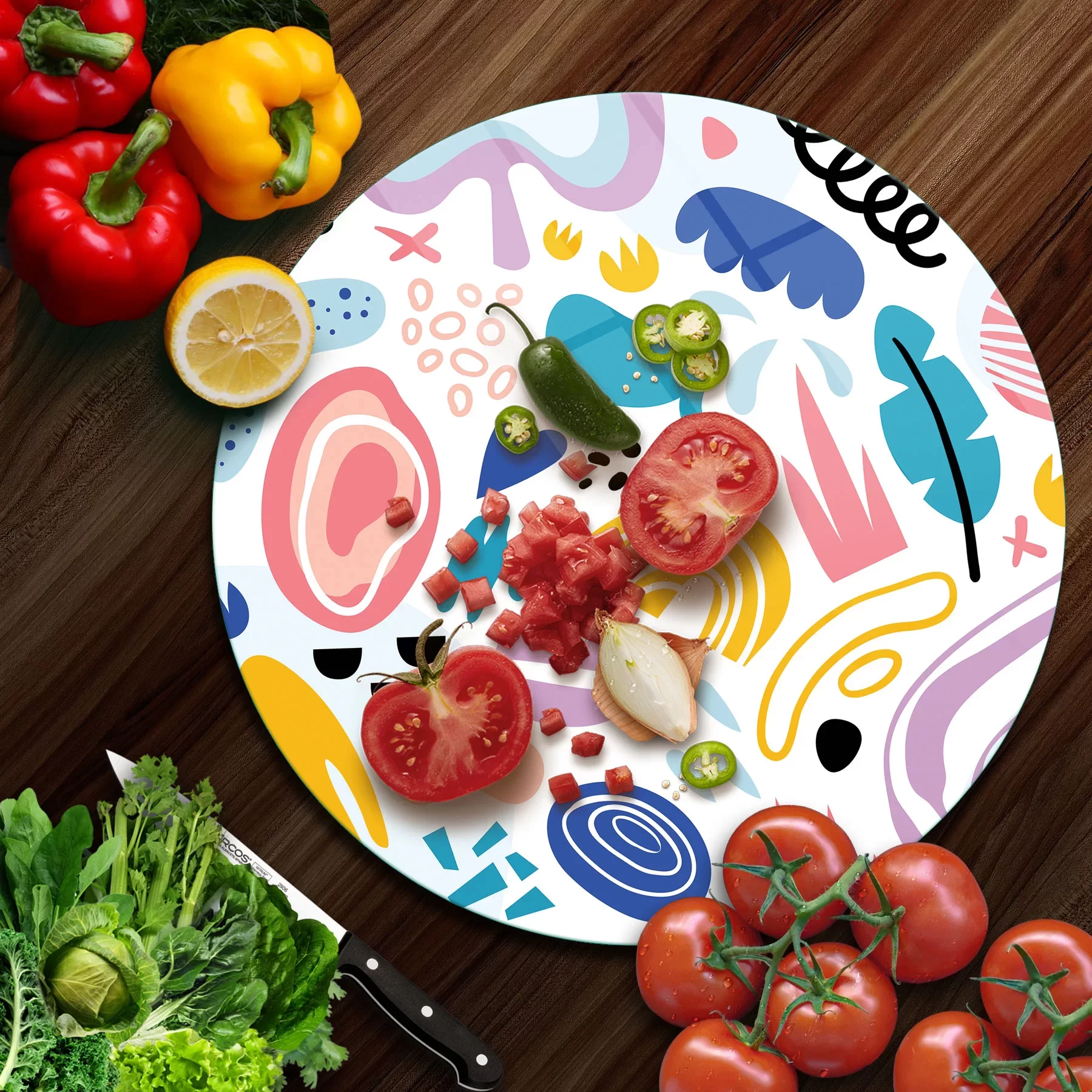 Picture of Decovetro Cam Kesme Tahtası ve Sunumluk Yuvarlak Karışık Desenli 30x30 Cm