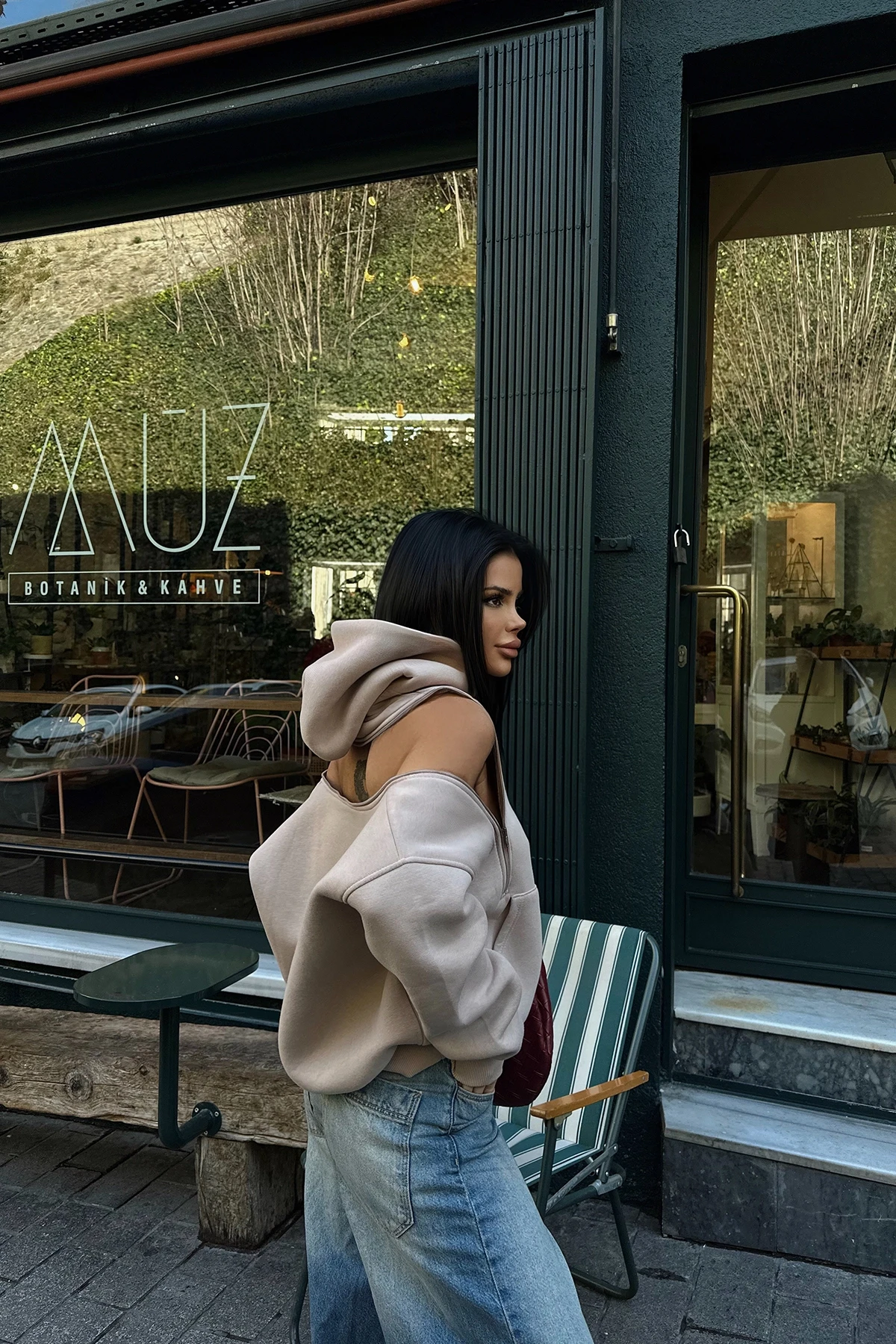 Picture of Stone Hooded Zipper Detail Sweat