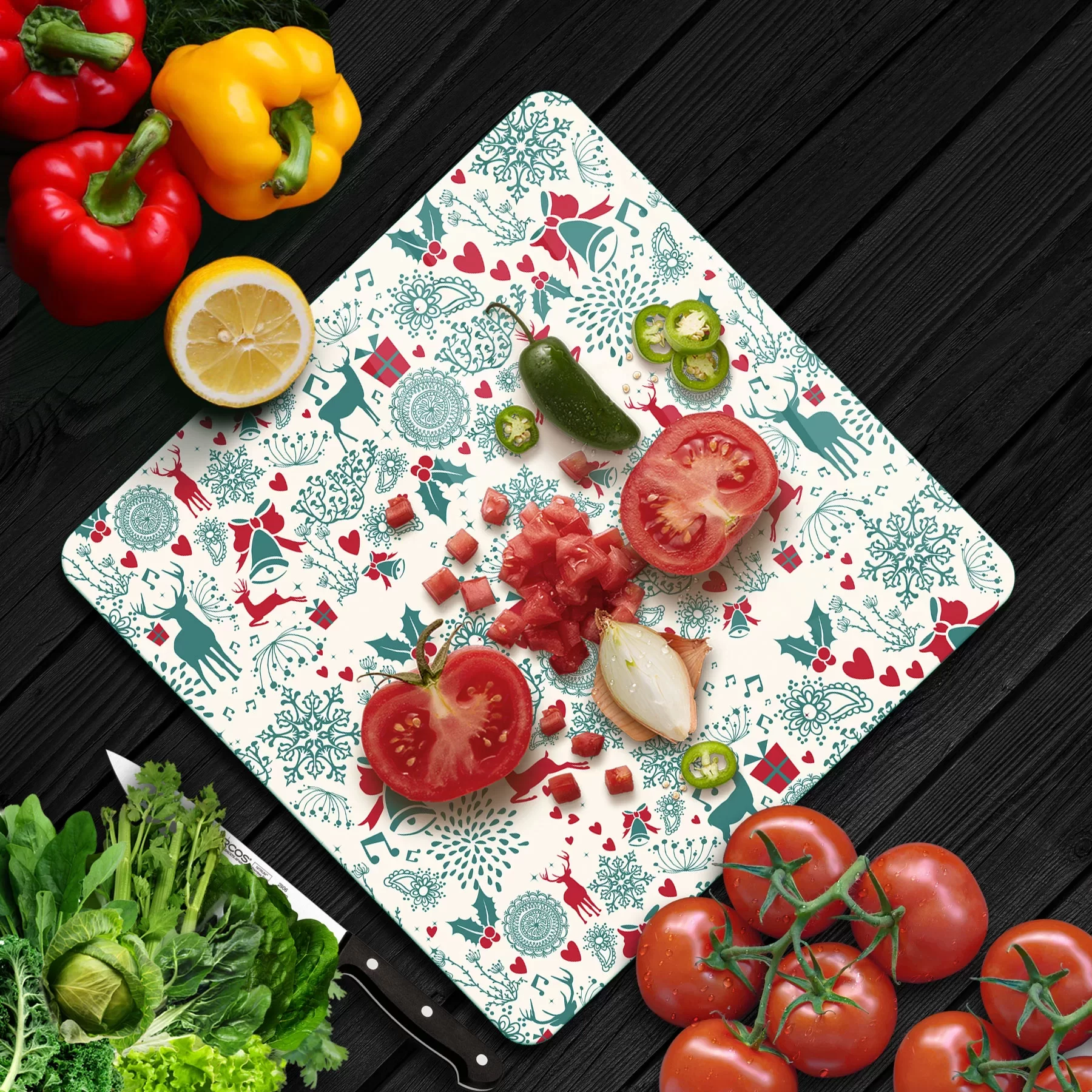 Picture of Decovetro Cam Kesme Tahtası ve Sunumluk Kare Yılbaşı Özel Deseni 30x30 Cm