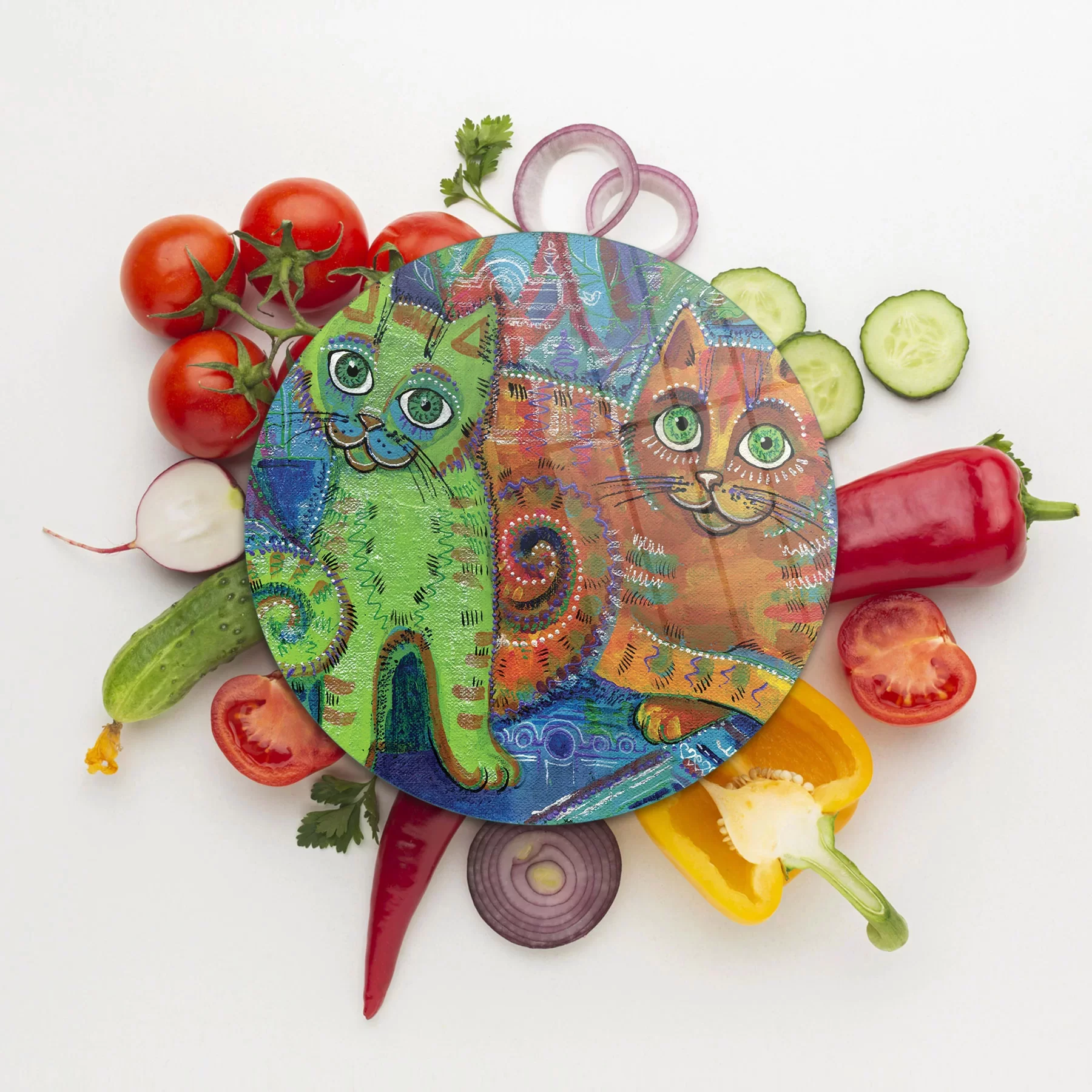 Picture of Decovetro Cam Kesme Tahtası ve Sunumluk Yuvarlak Kedi Desenli 30x30 Cm