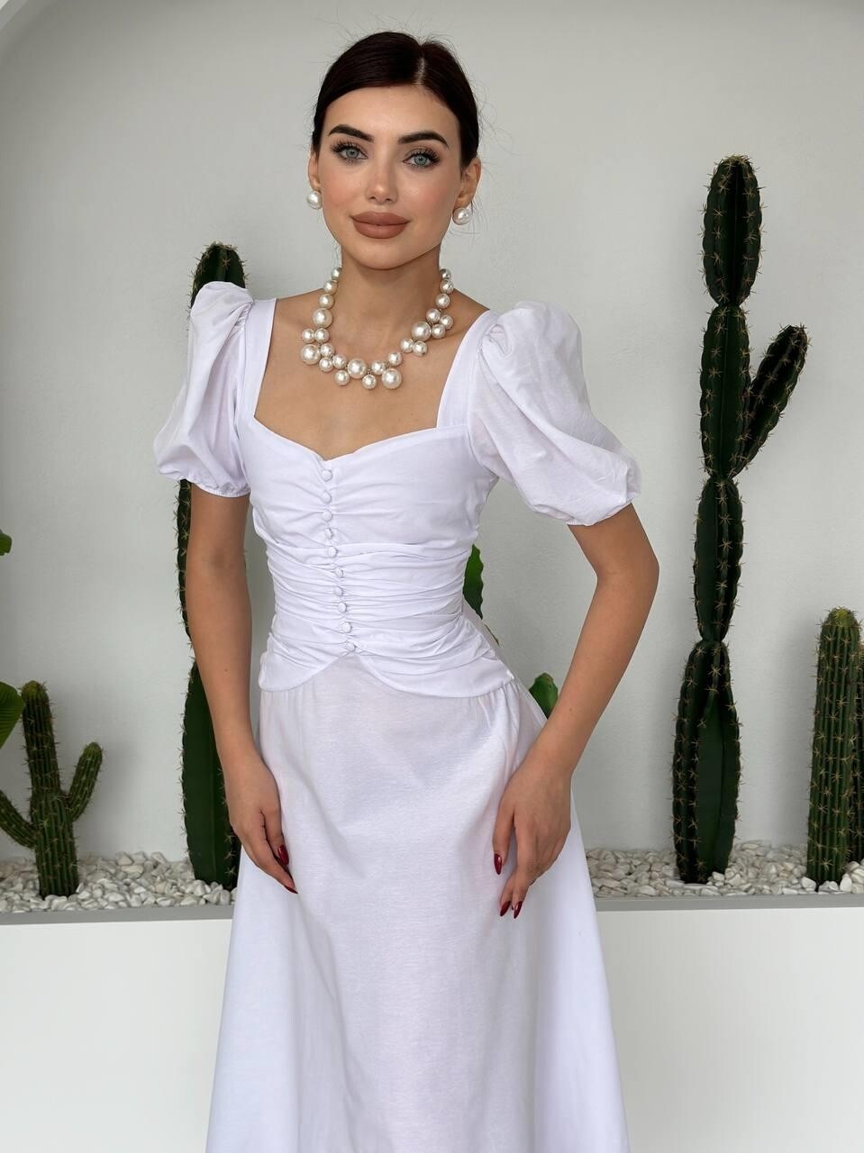 Picture of Kare Yaka Düğmeli Elbise