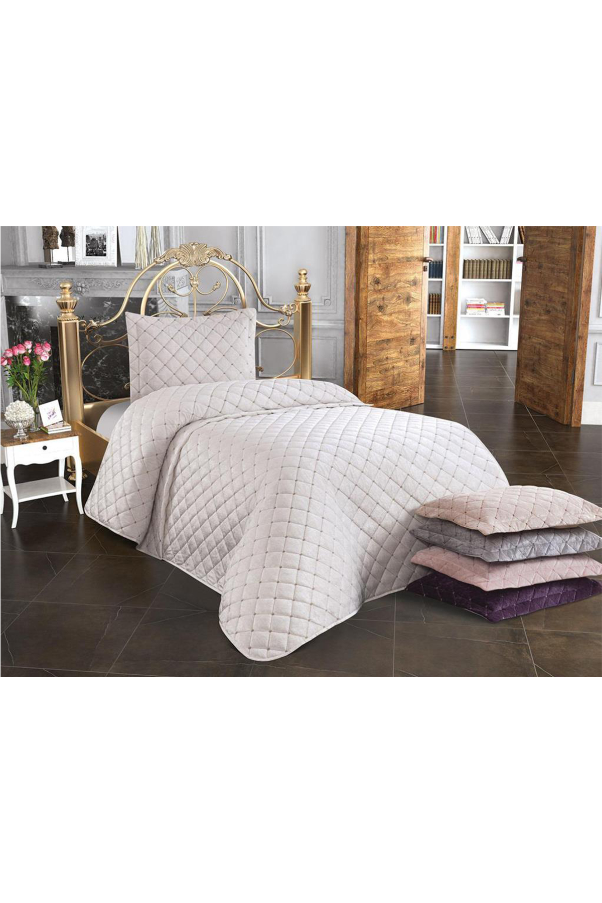 Picture of Dessert Kadife Tek Kişilik Yatak Örtüsü Krem