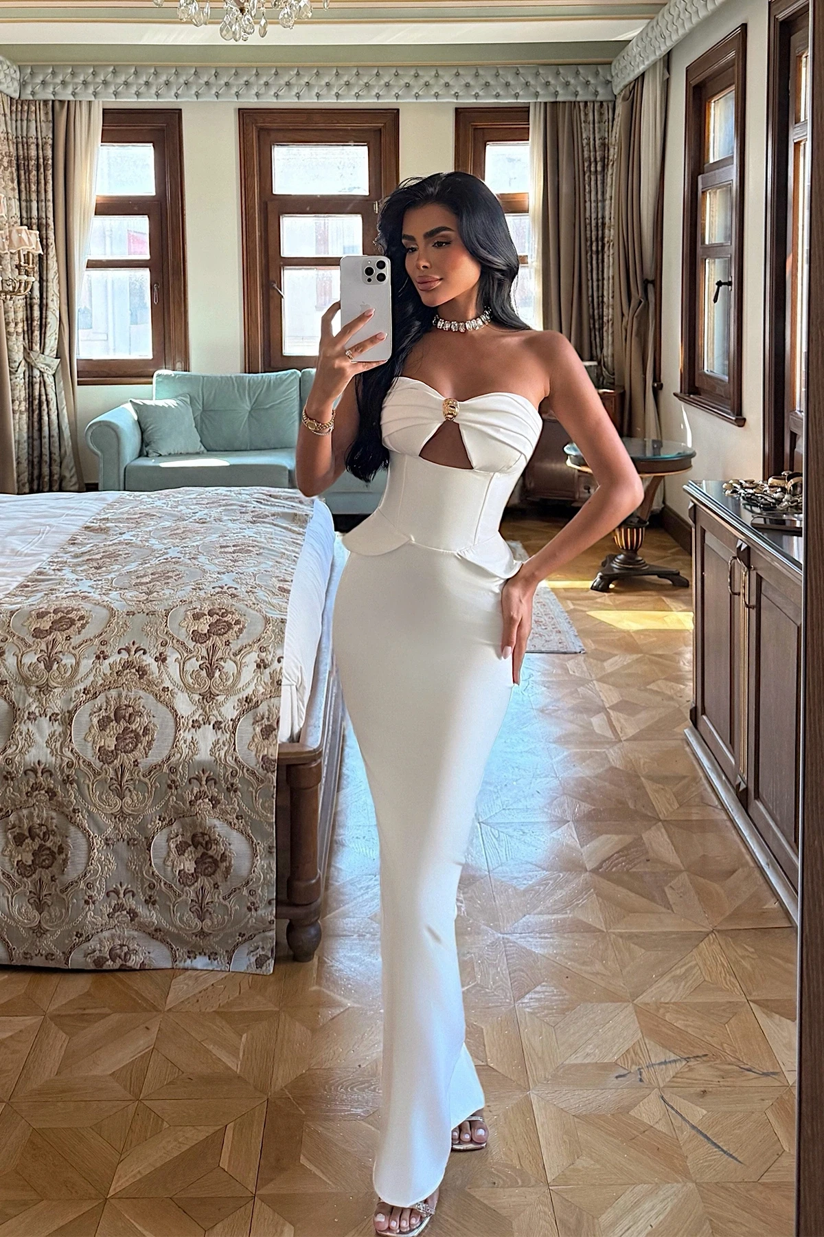 Picture of White Strapless Dress with Pocket Detail